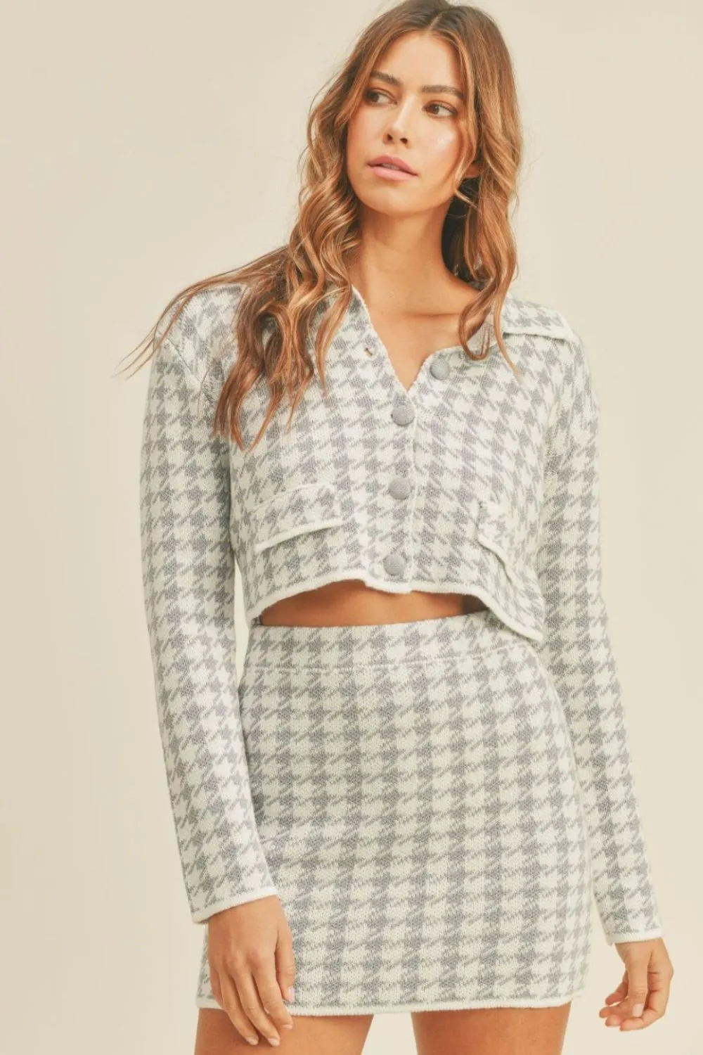 Mable Houndstooth Cropped Knit Cardigan And Mini Skirt Set