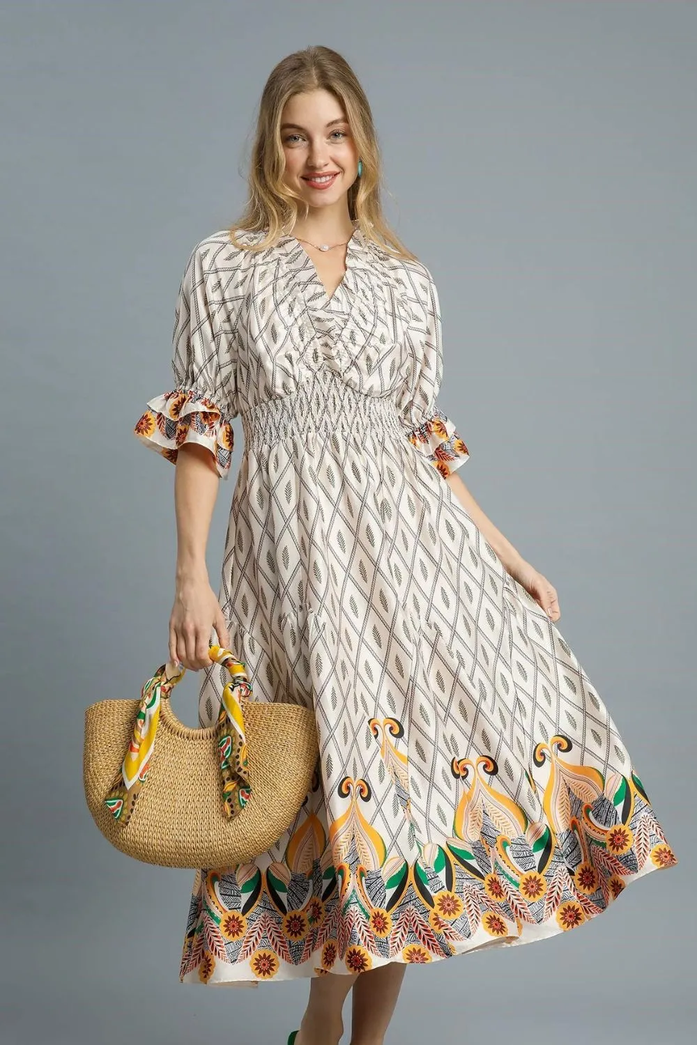 Umgee Printed Smocked Waist Flounce Sleeve Midi Dress
