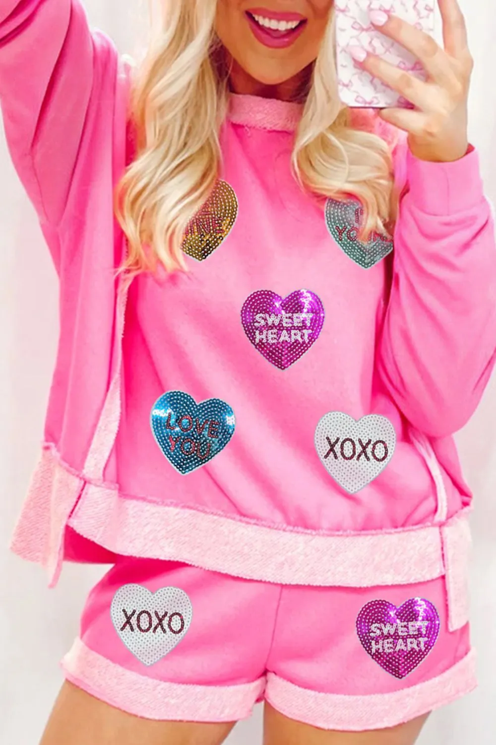 Sequin Heart Round Neck Top And Shorts Set