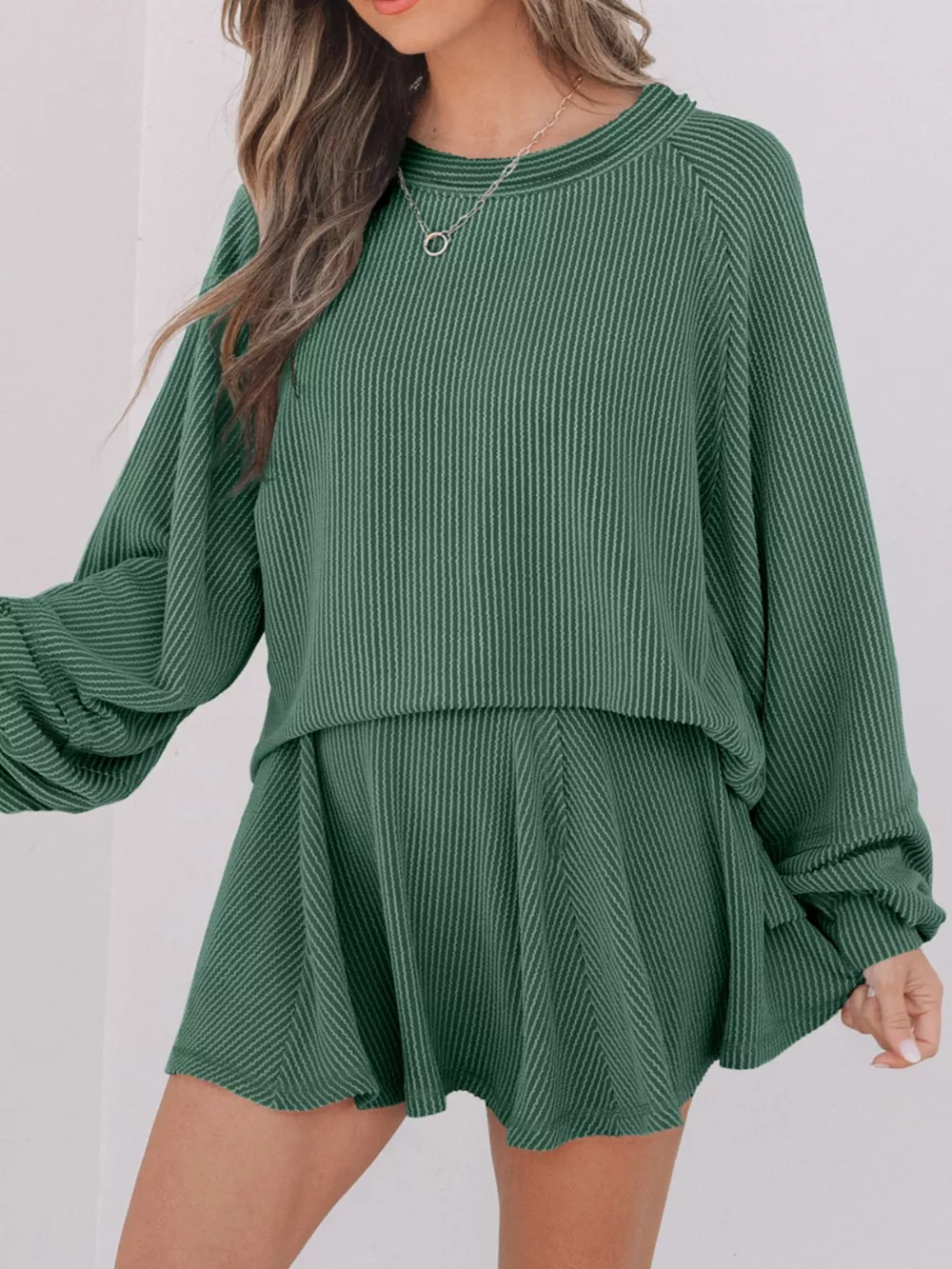 Corded Lantern Sleeve Top and High Waist Mini Skirt Set