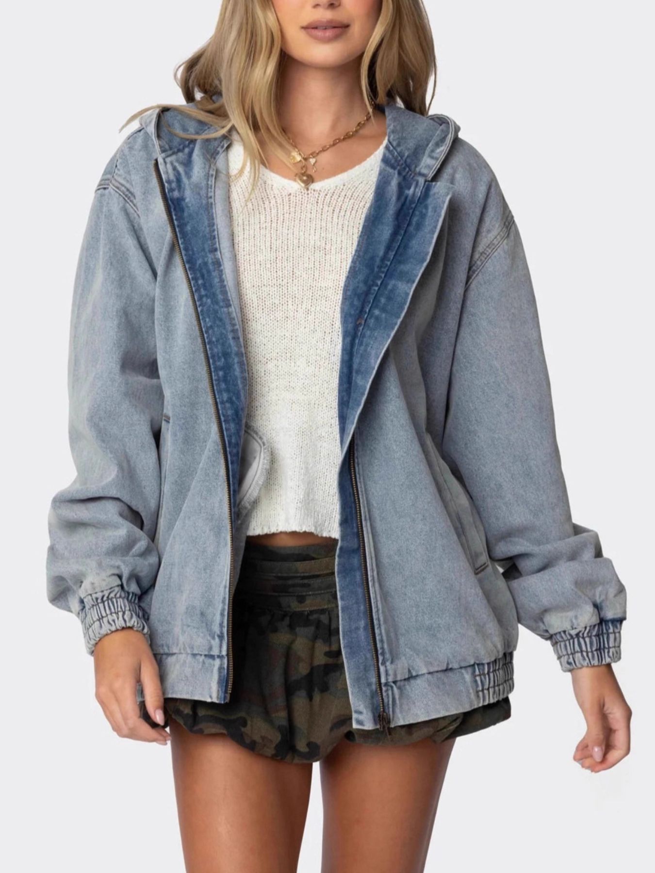 Hooded Oversized Zip Up Denim Jacket
