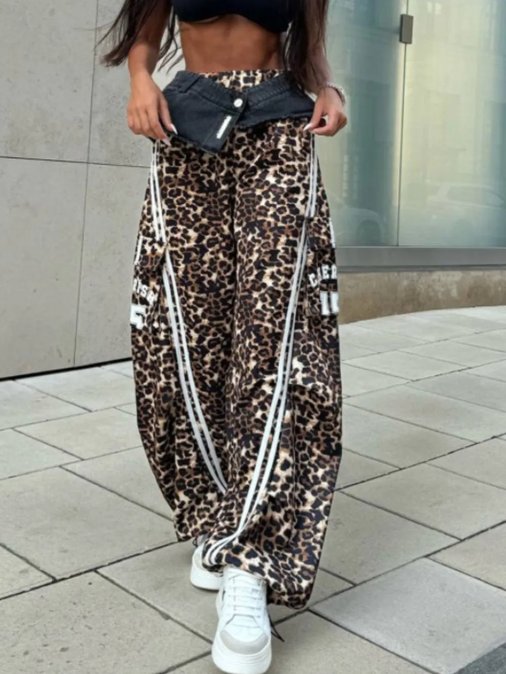 Leopard Print Wide Leg Pants with Side Stripe Detail