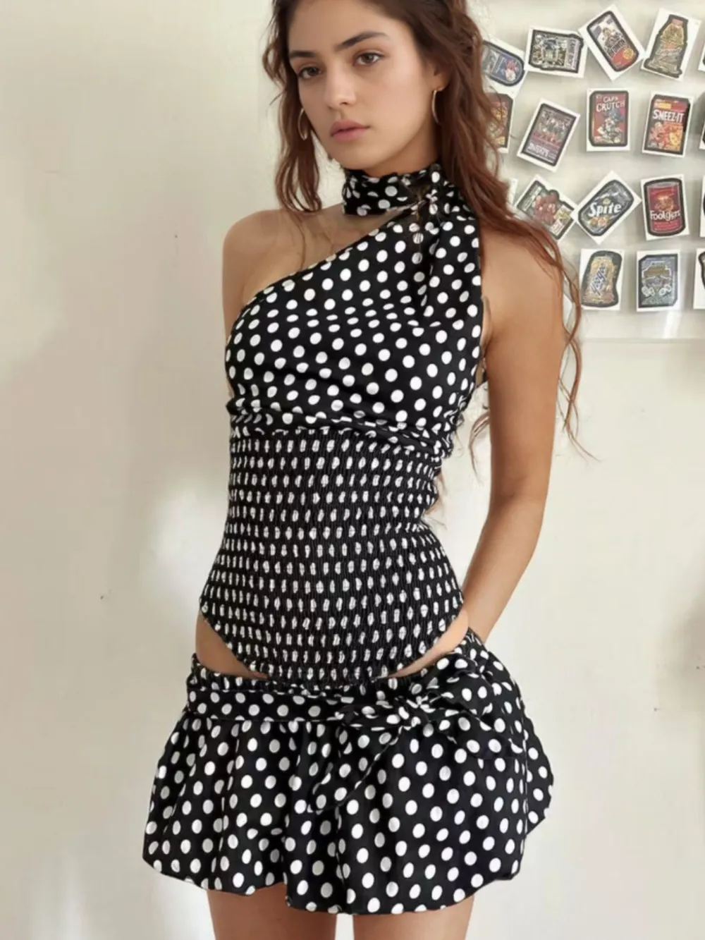 Polka Dot One-Shoulder Top And Mini Skirt Set