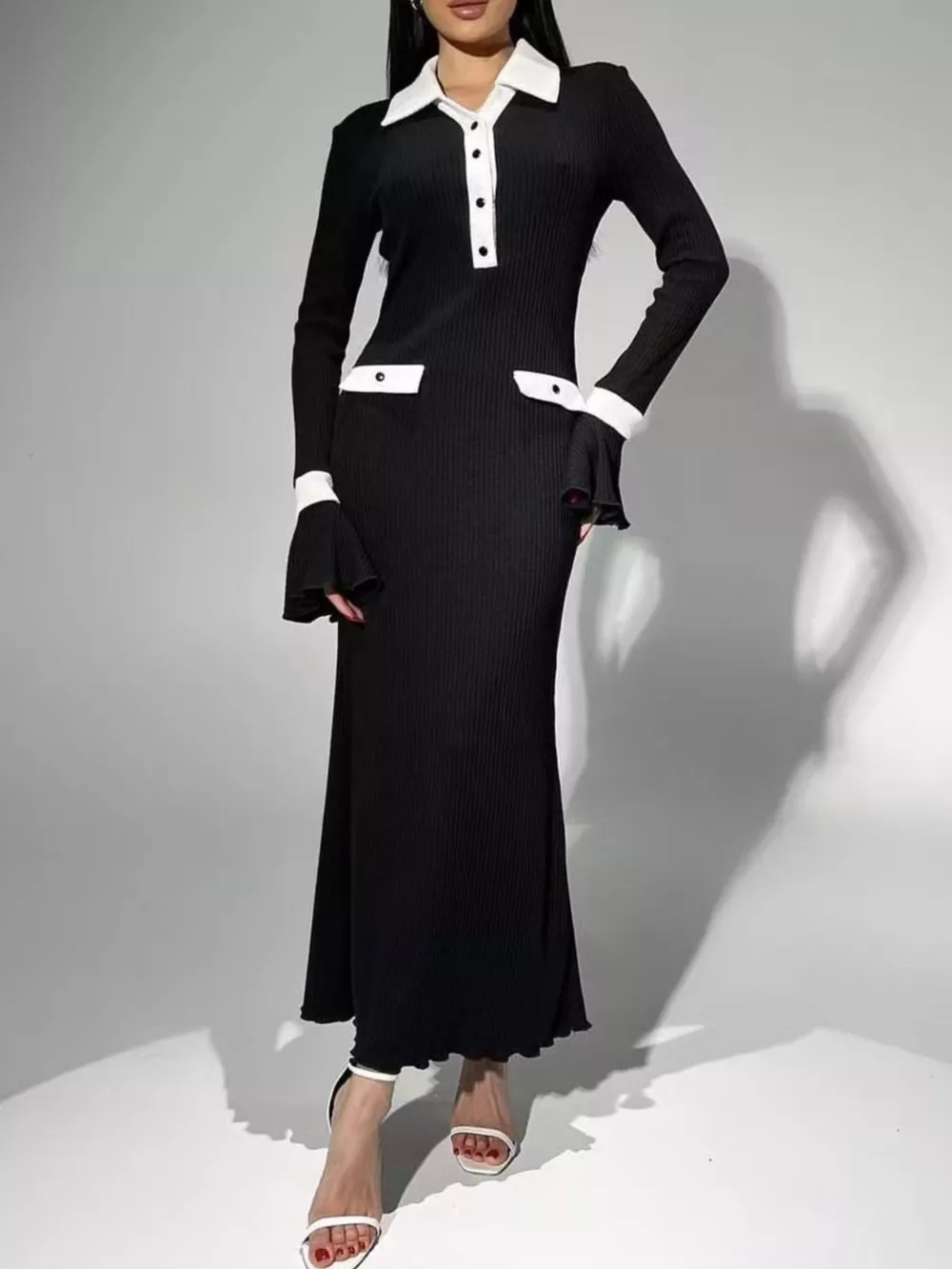 Contrast Collar Long Sleeve Maxi Sweater Dress