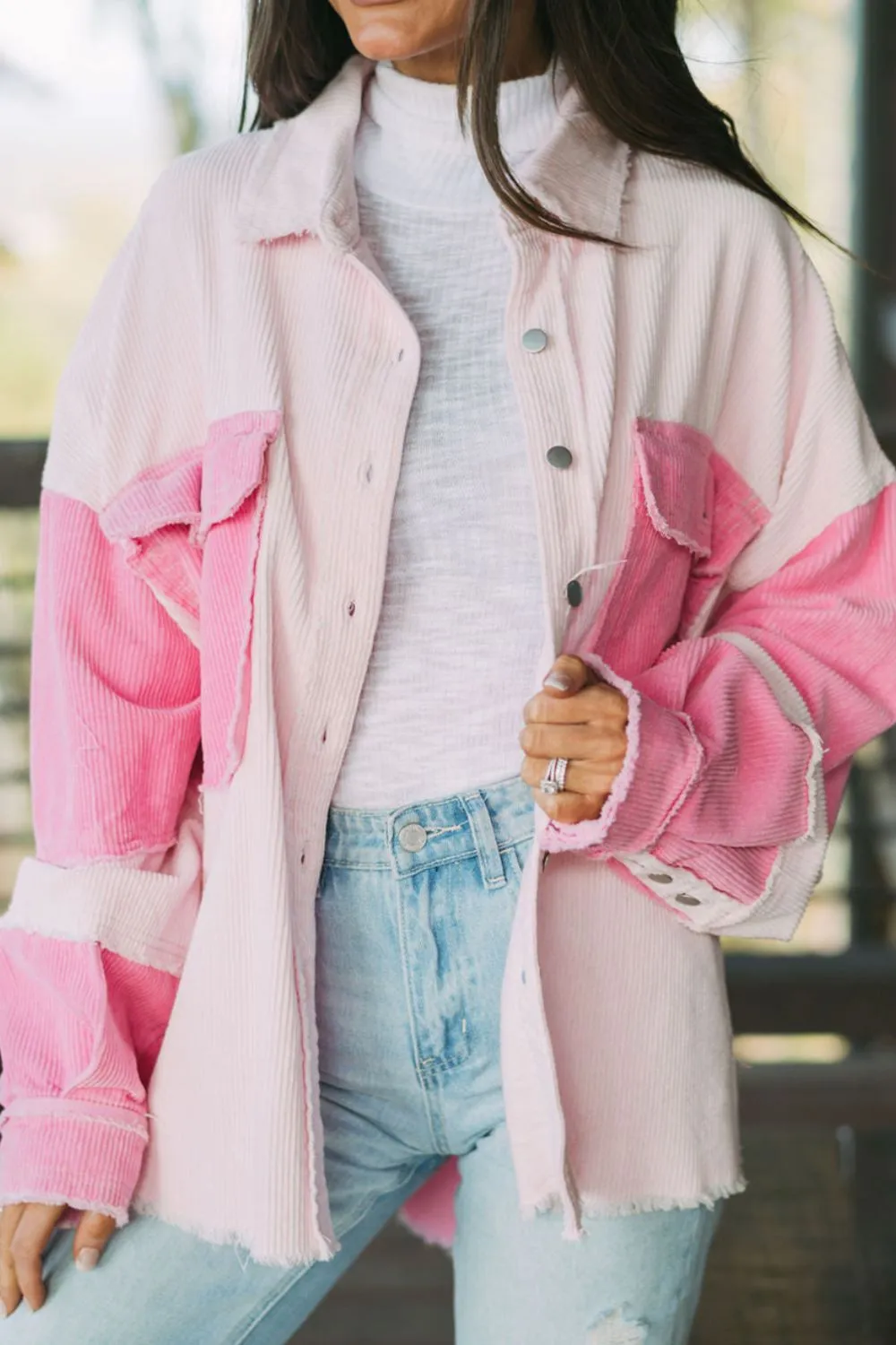 Two-Tone Color Exposed Seam Corduroy Shacket
