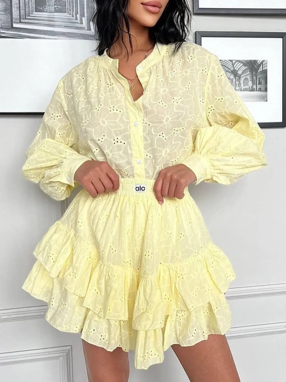 Eyelet Long Sleeve Shirt and Skirt Two-Piece Set