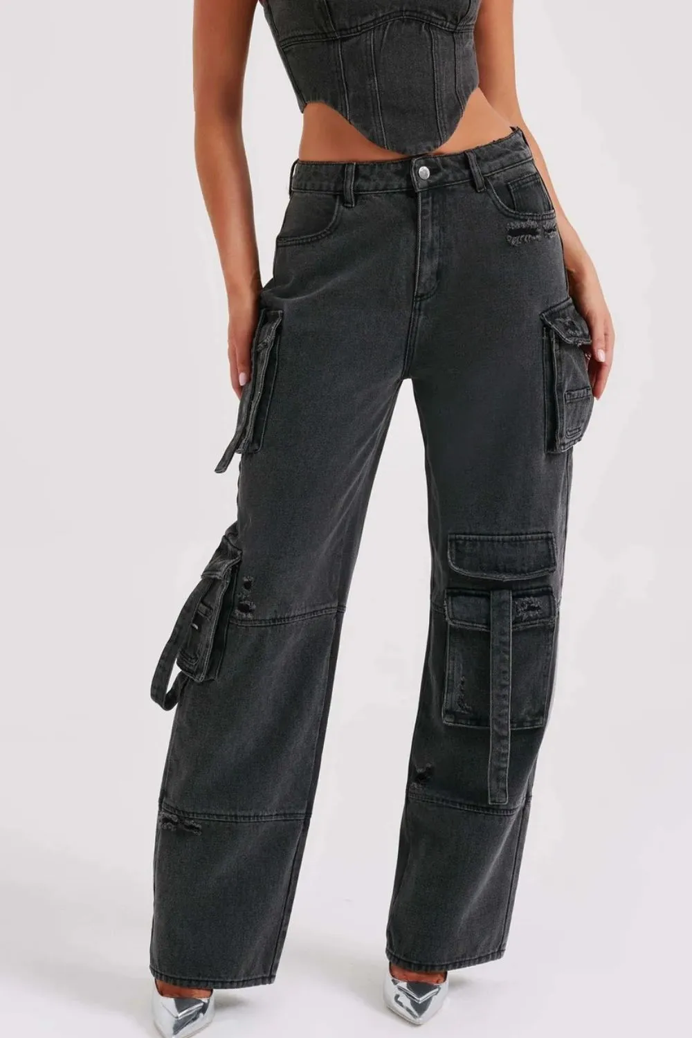 High Waist Cargo Wide Leg Jeans