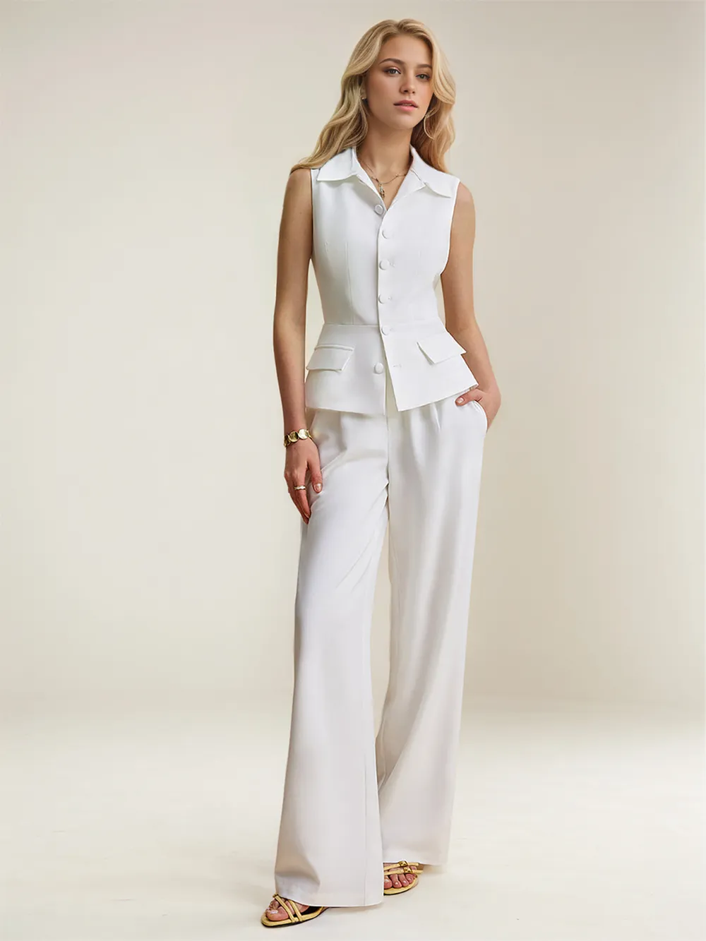 Button Up Vest And Pants Suit Set