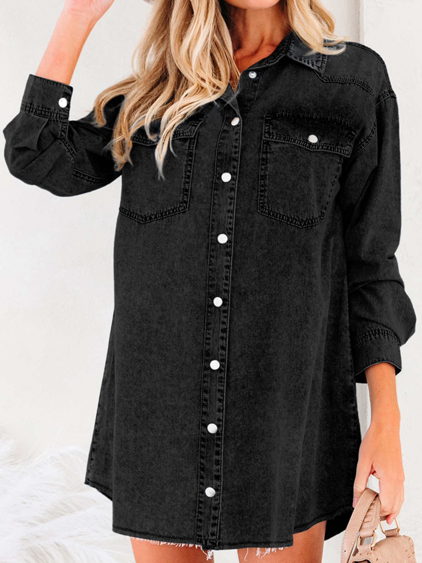 Chest Pocket Raw Hem Denim Loose Shirt Dress