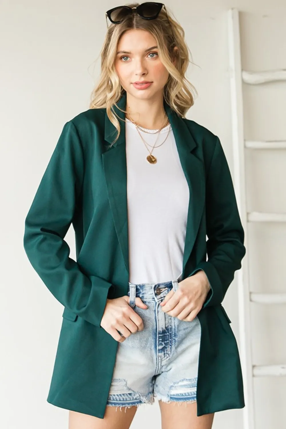 First Love Full Size Open Front Long Sleeve Blazer With Pockets