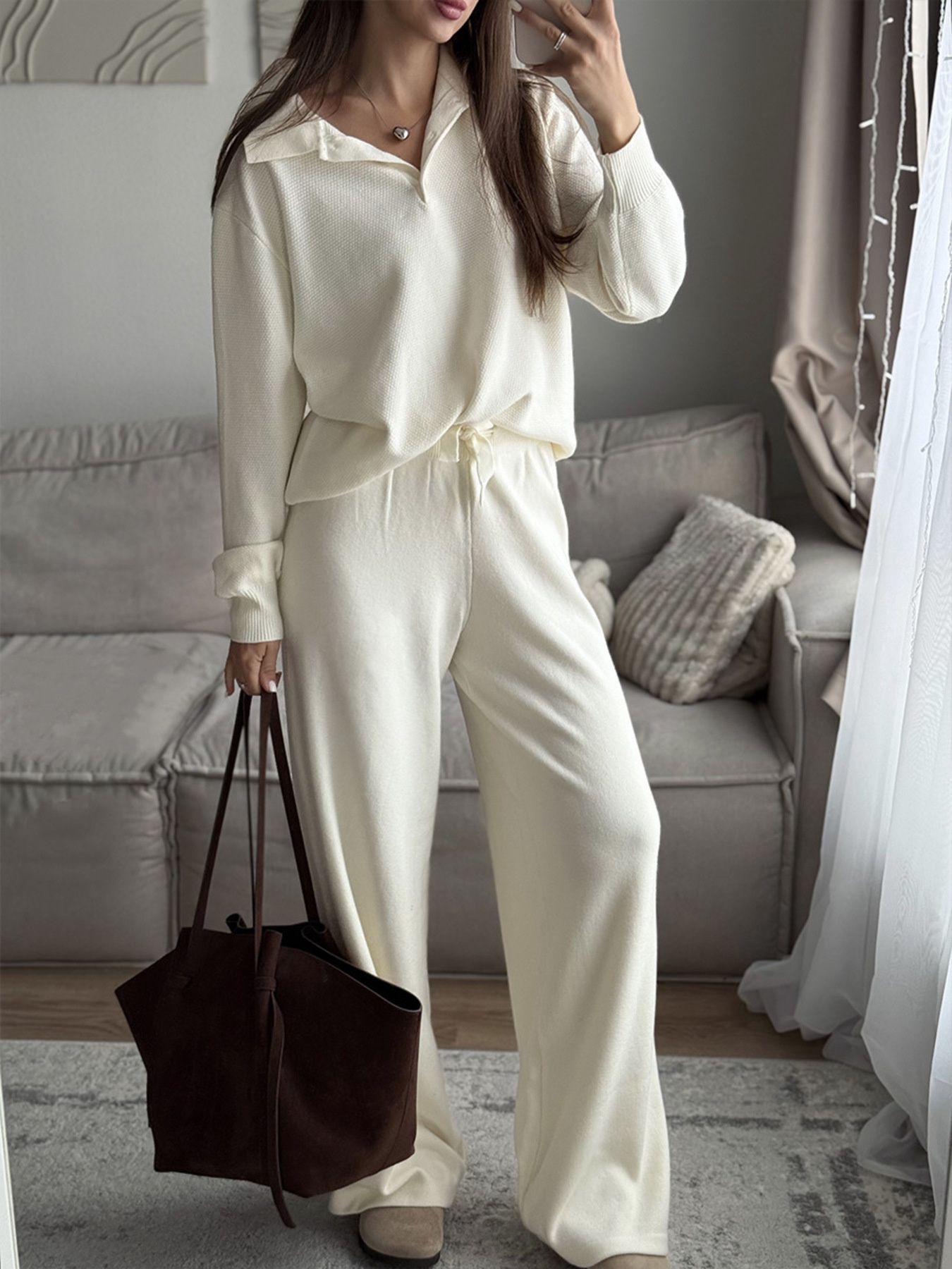 Polo Collar Top And Pants Or Skirt Knit Set