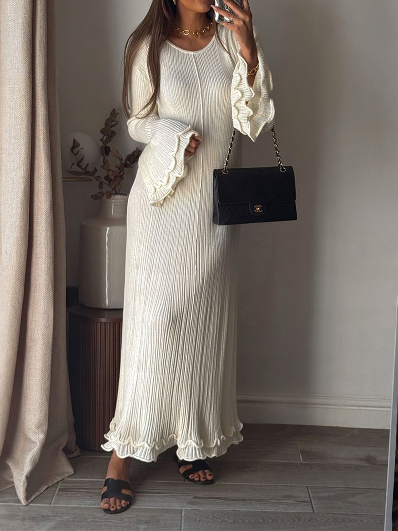Ribbed Long Sleeve Dress With Ruffle Hem