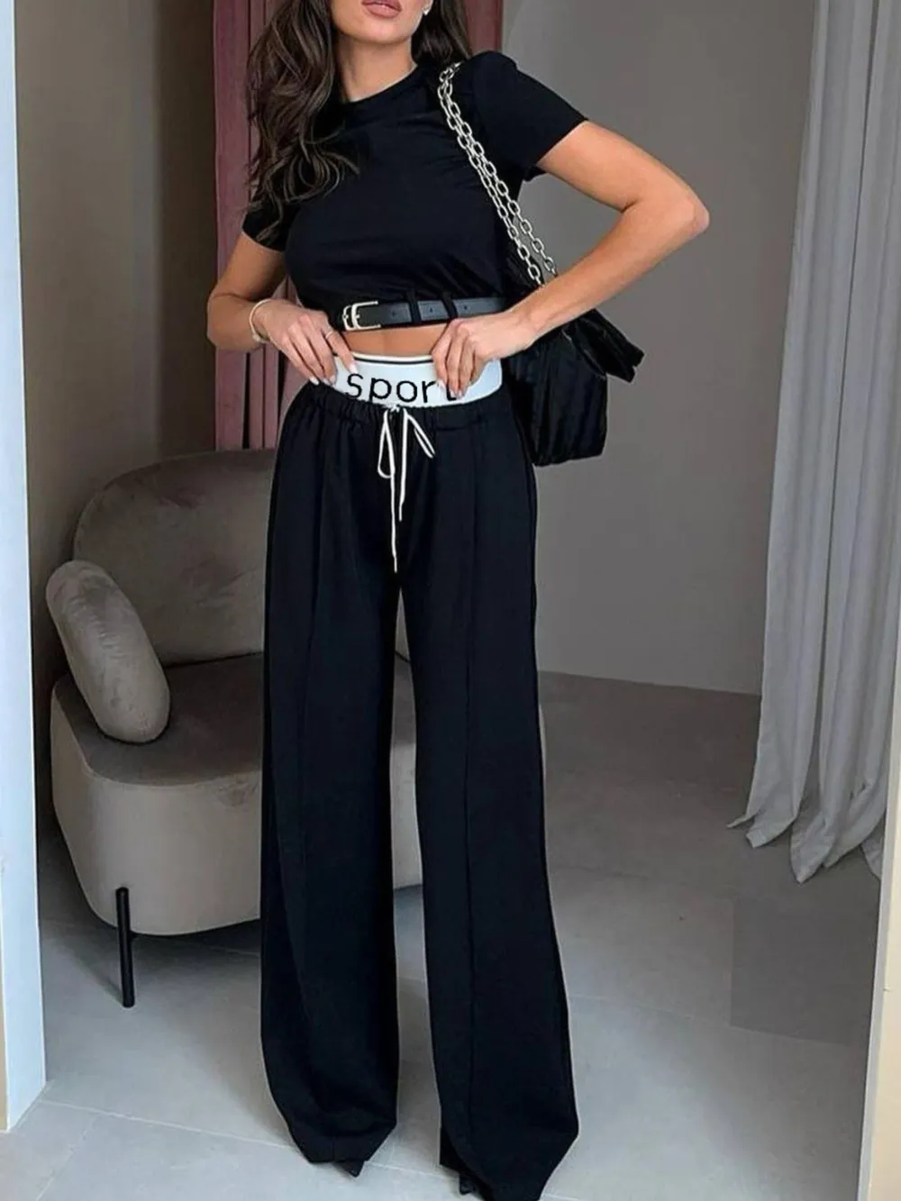 Short Sleeve Top And Wide Leg Pants Set