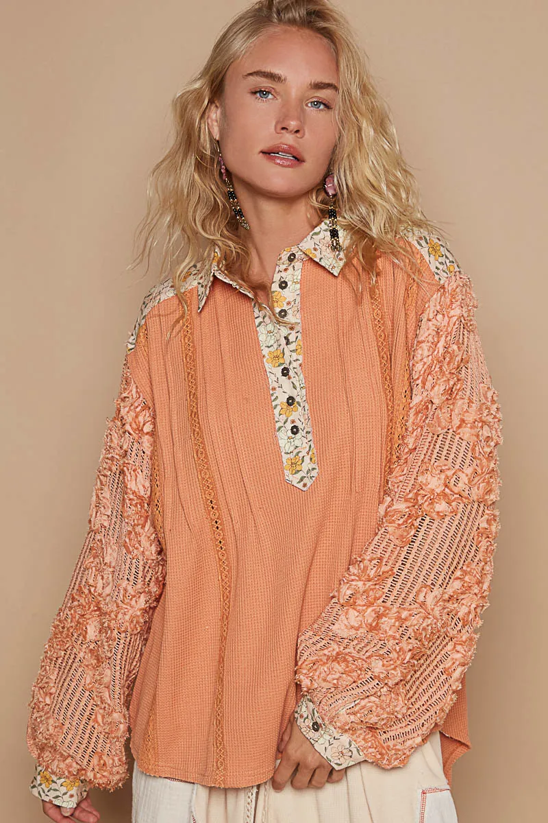 Pol Floral Half Button Lace Detail Long Sleeve Top
