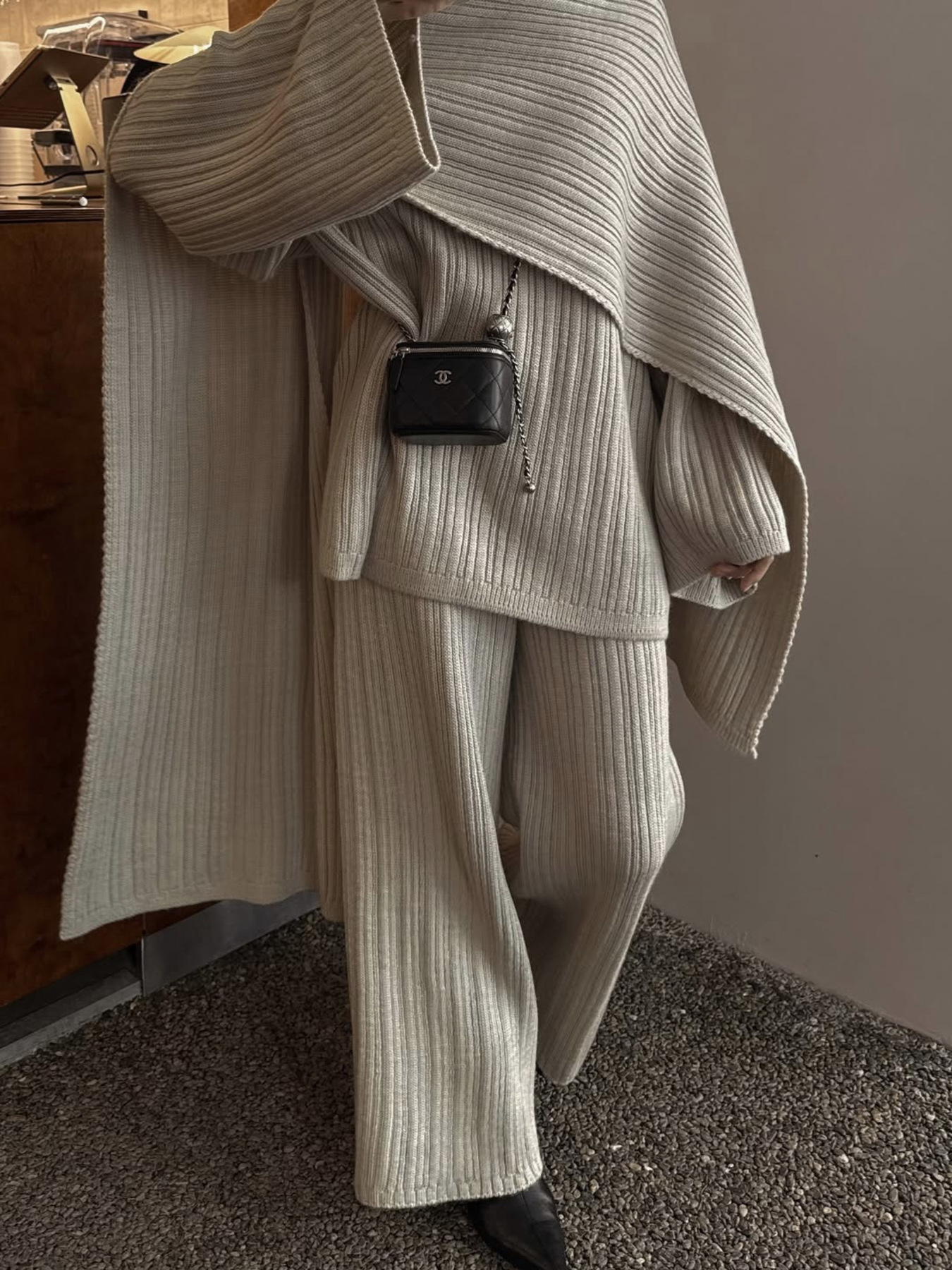 3-Piece Crew Neck Ribbed Sweater And Wide-Leg Pants Set With Scarf