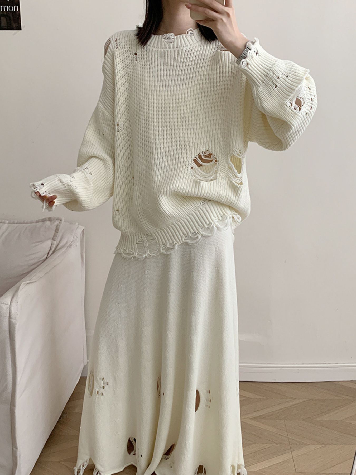 Distressed Long Sleeve Sweater and Skirt Set