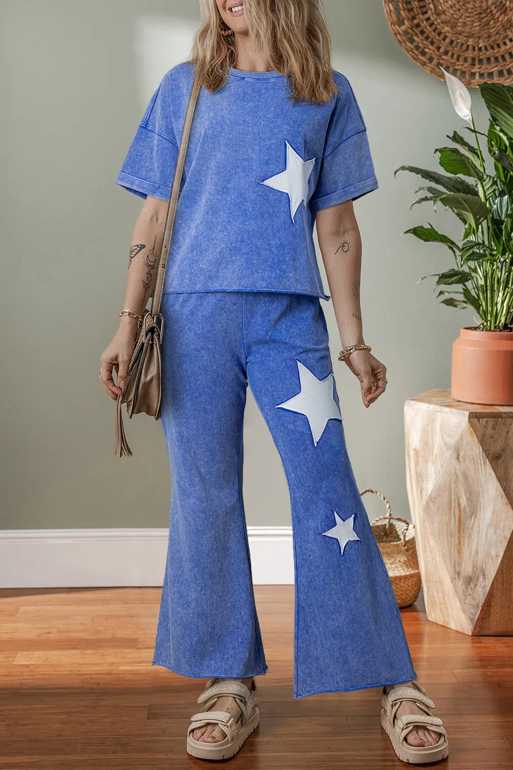 Acid Wash Star Patched Rolled Trim Top And Pants Set