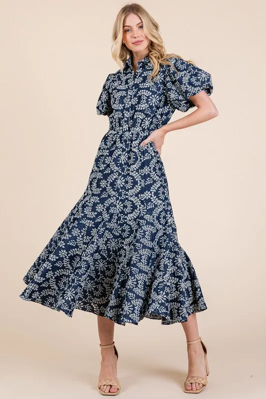 Geegee Natural Leaf Pattern Eyelet Lace Puff Sleeve Dress
