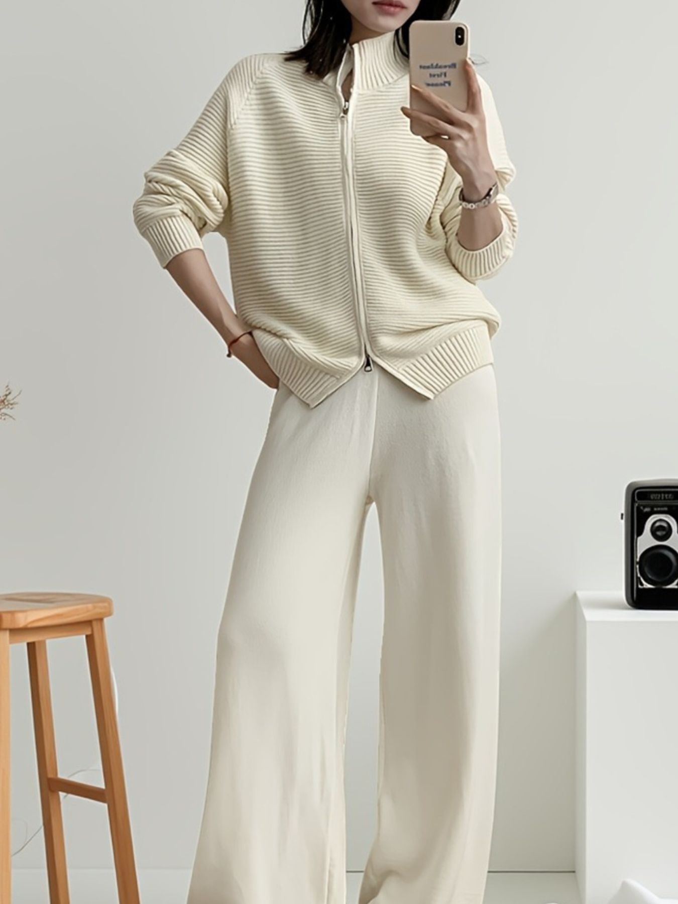 Casual Knit Zip-Up Cardigan And Wide-Leg Pants Set