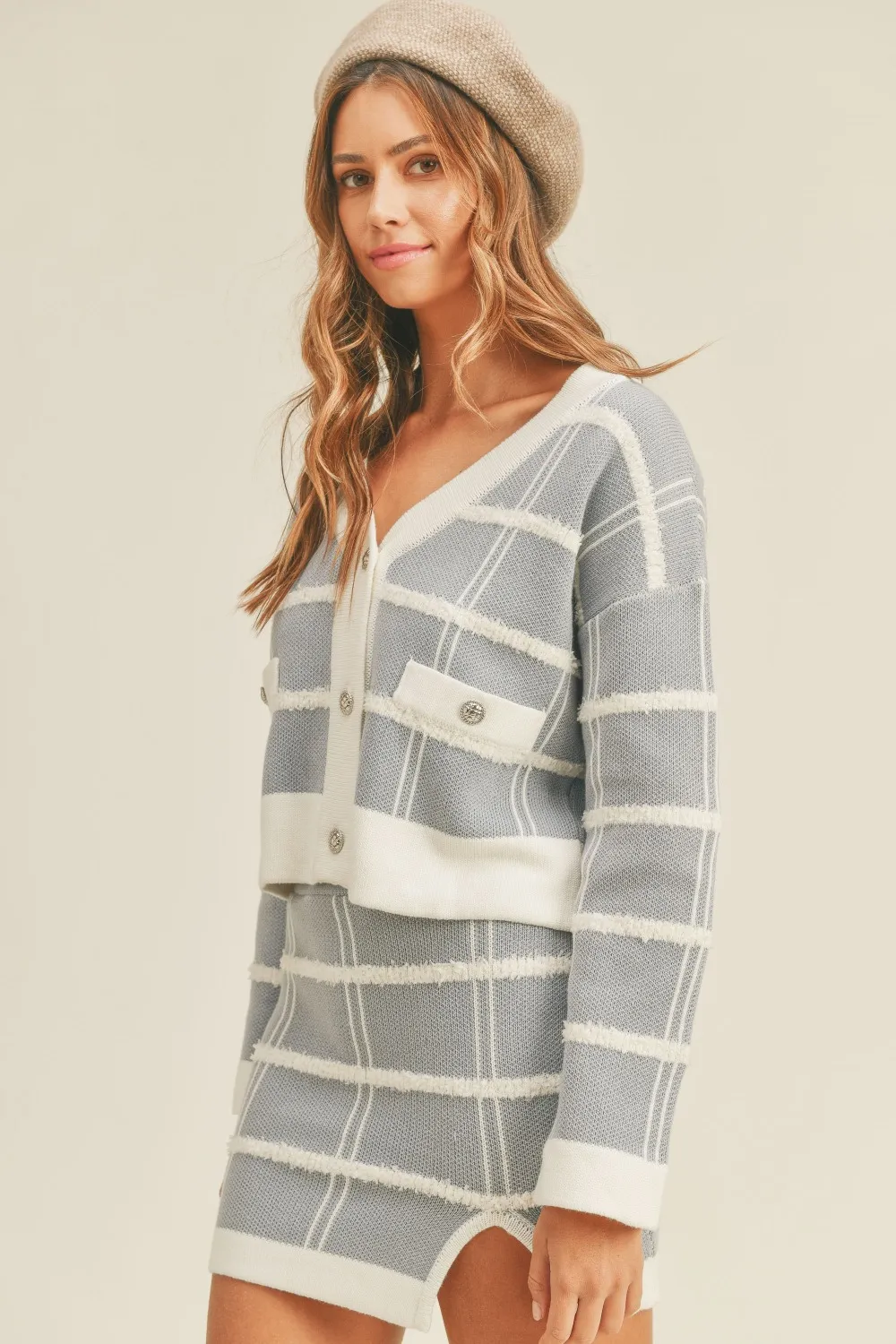 Mable Plaid Button Down Sweater Cardigan And Mini Skirt Set