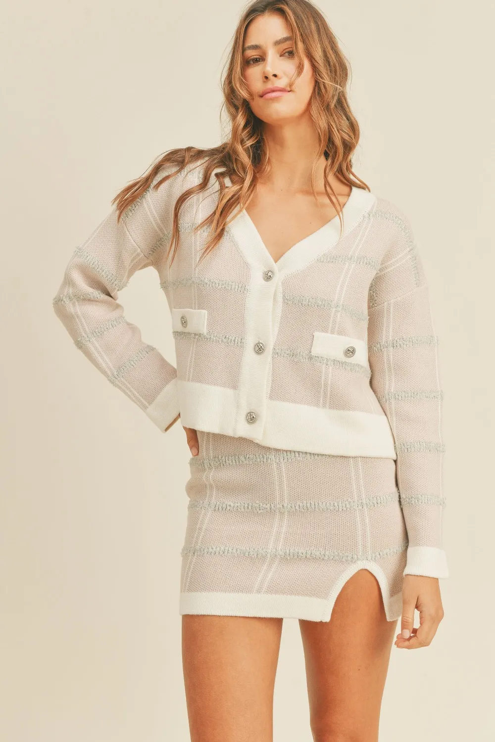 Mable Plaid Button Down Sweater Cardigan And Mini Skirt Set