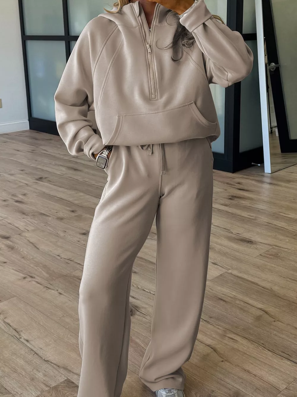 Half Zip Long Sleeve Hoodie And Pants 2pcs Outfit