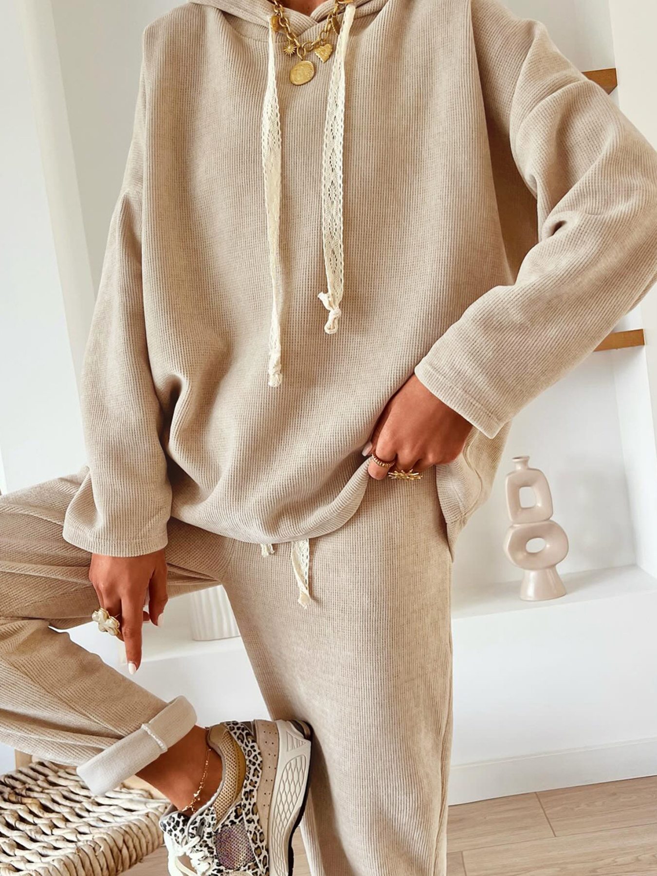 Lace Drawstring Hoodie And High Waist Pants Set