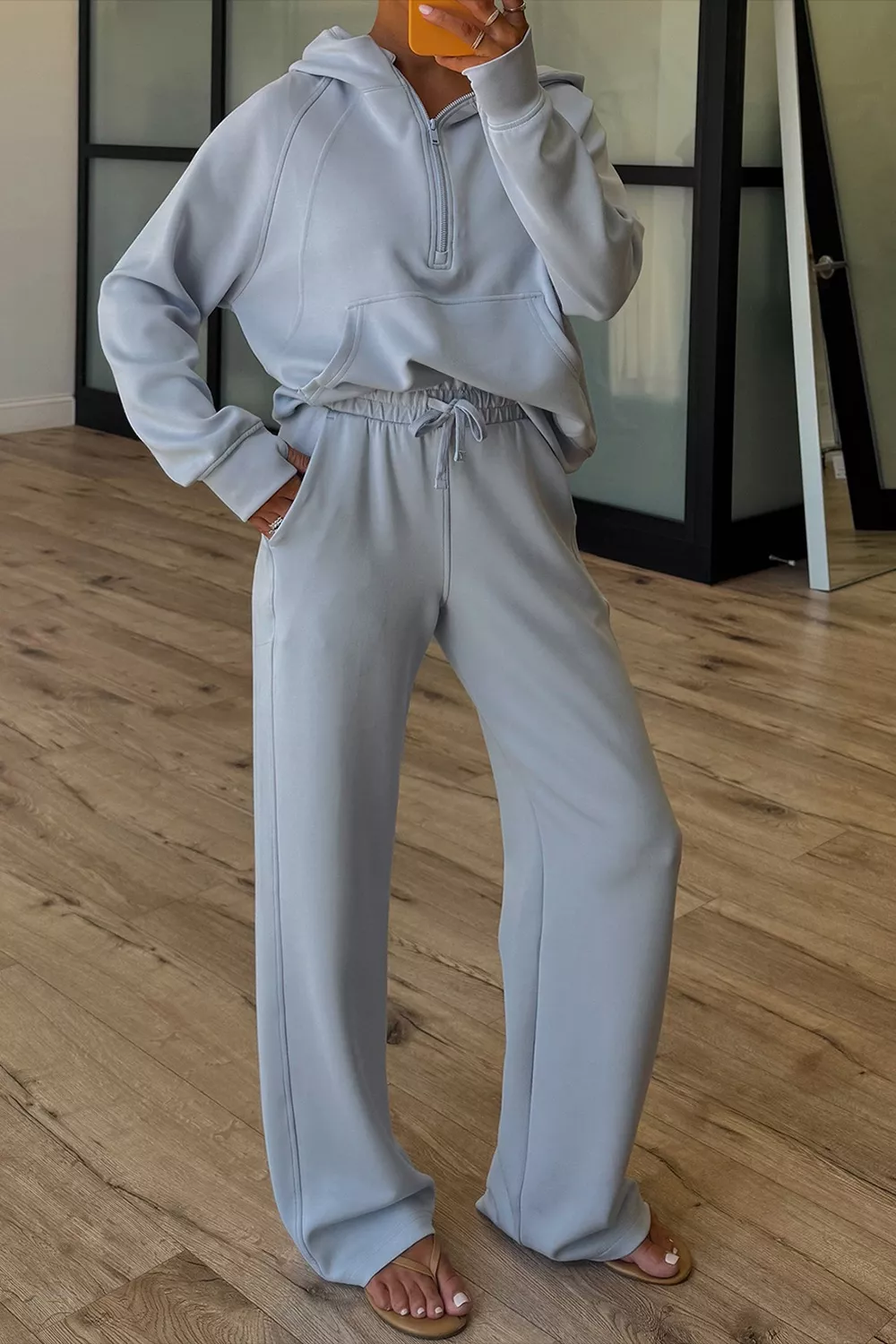 Half Zip Thumbhole Sleeve Hoodie And Pants 2pcs Outfit