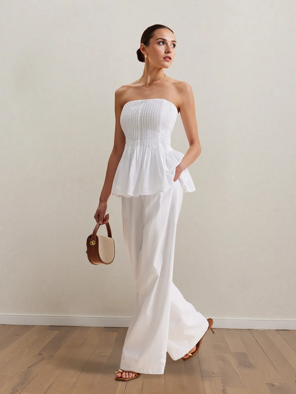 Strapless Peplum Top And Wide Leg Pants Set