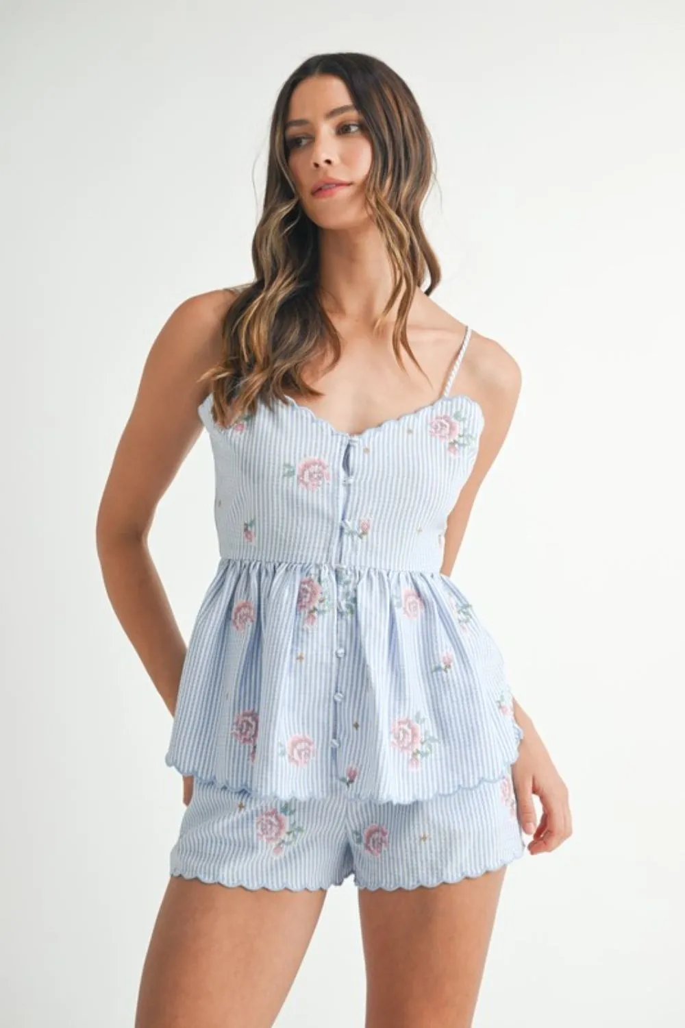 Mable Stripe Embroidered Peplum Cami And Shorts Set