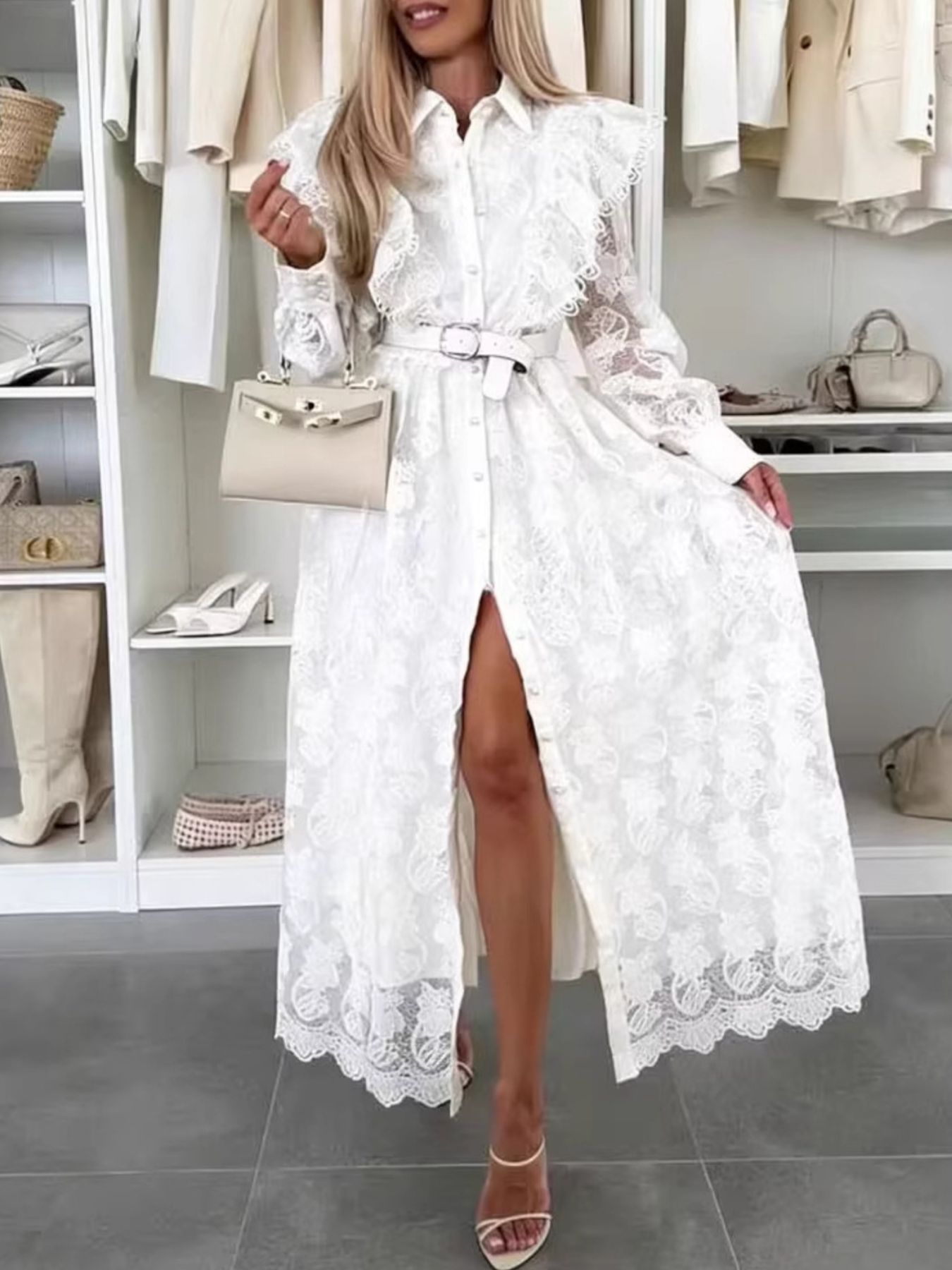 Lace Button Front Shirt Dress