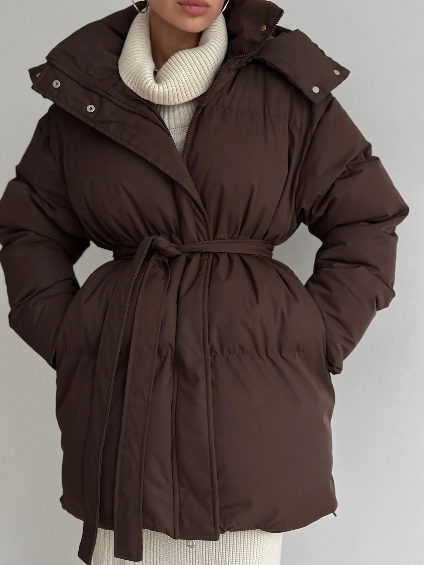 Mid-Length Thickened Hooded Winter Coat With Belted