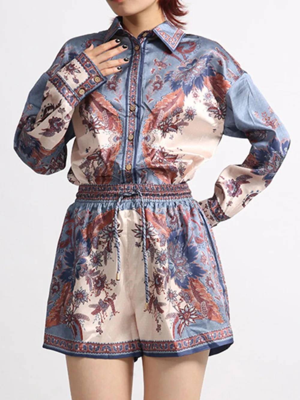 Printed Button Front Long Sleeve Shirt And Shorts Set