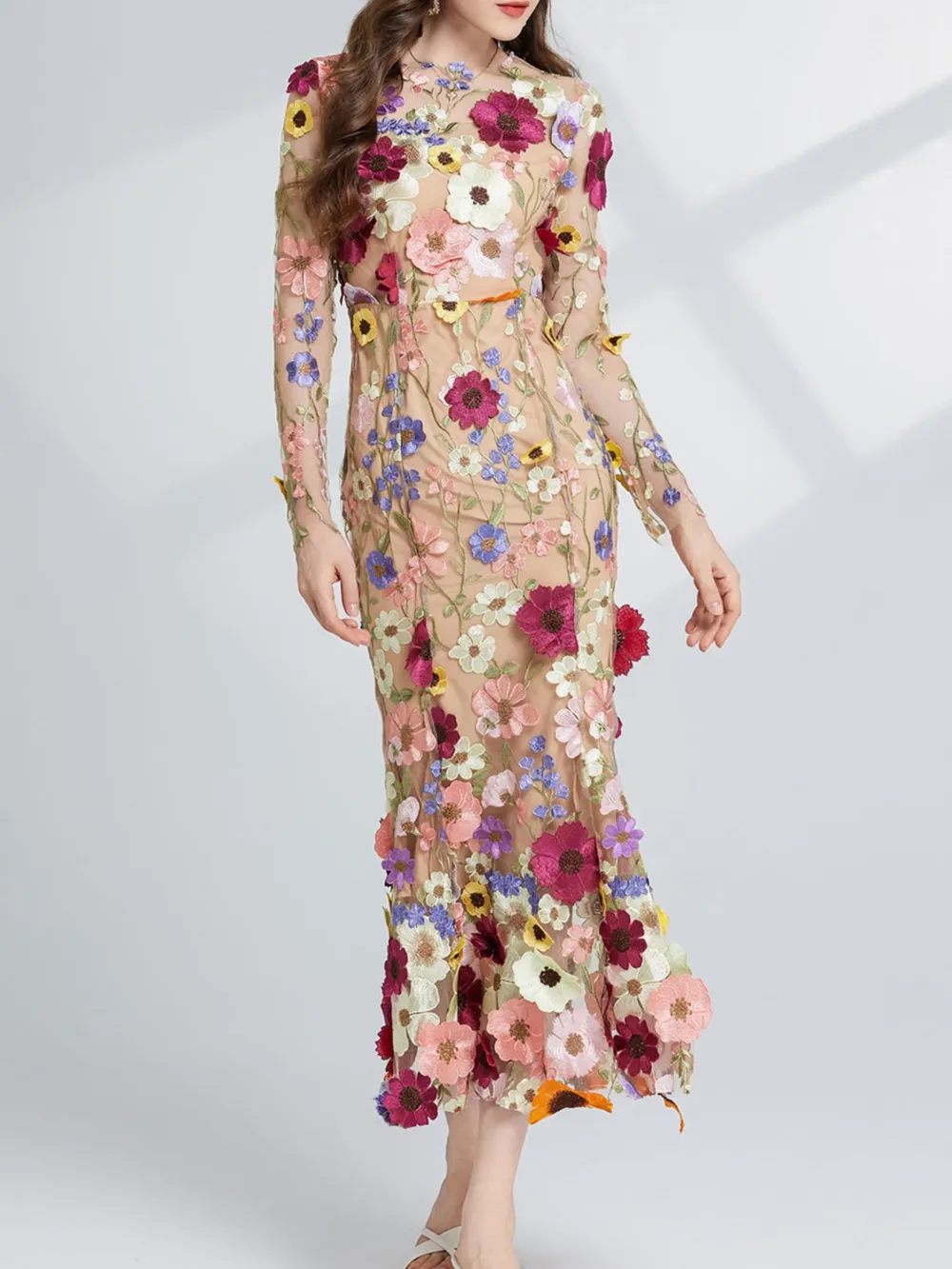 Floral Embroidered Mesh Long Sleeve Midi Dress