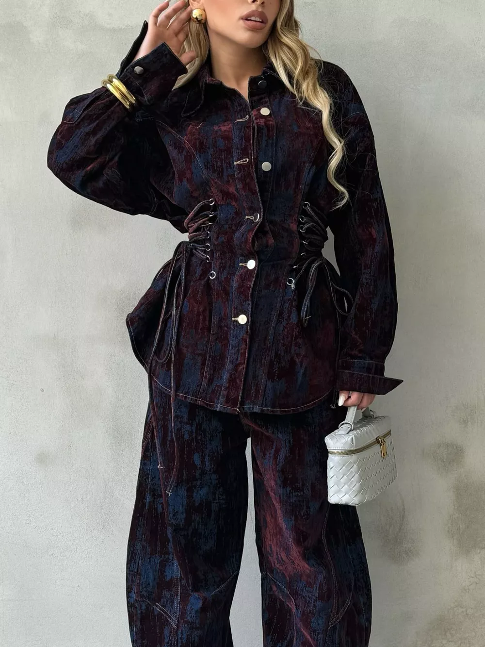 Lace Up Button Up Jacket And Jeans Denim Set