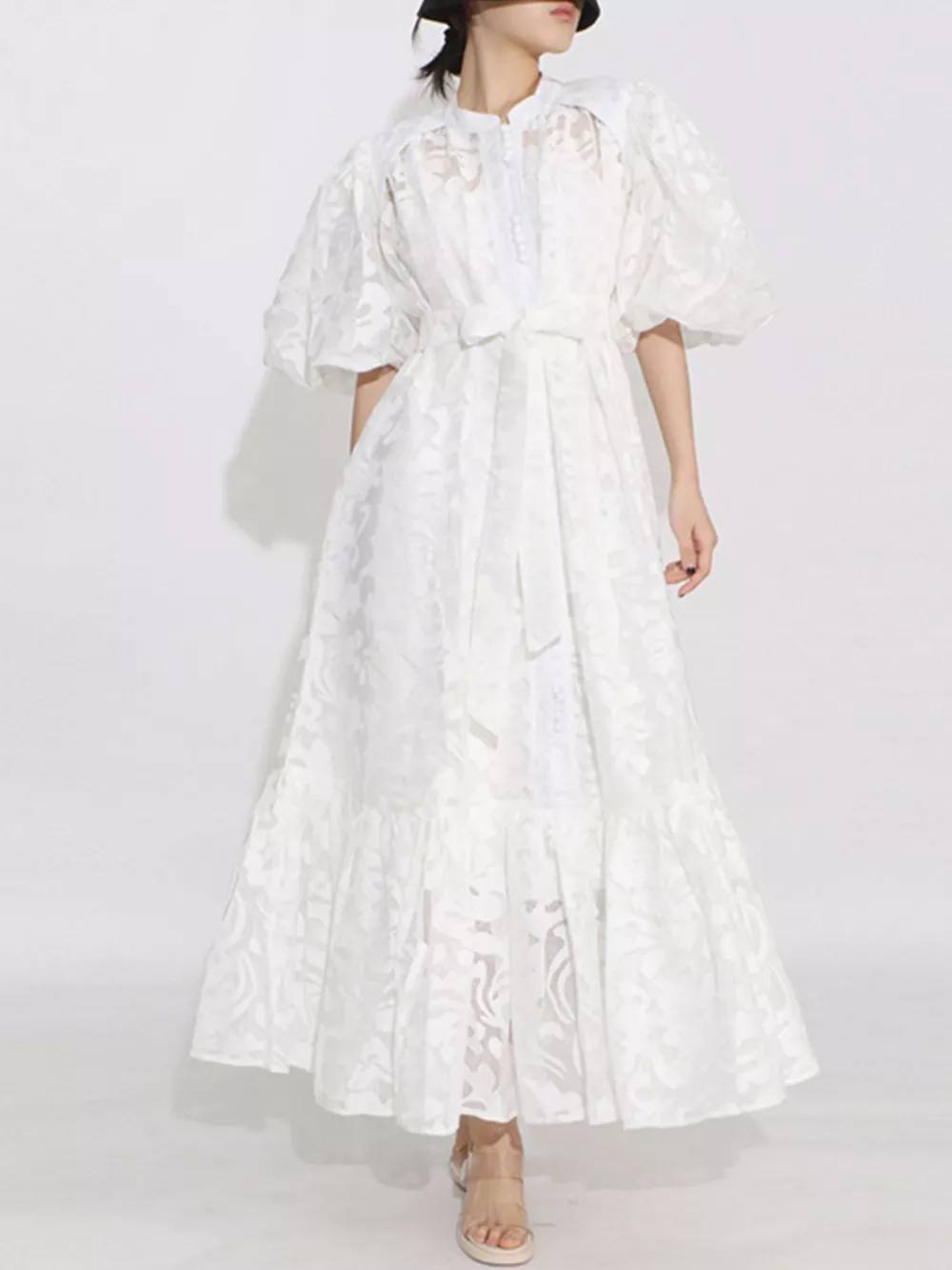 Lace Puff Sleeve Tie Waist Maxi Dress