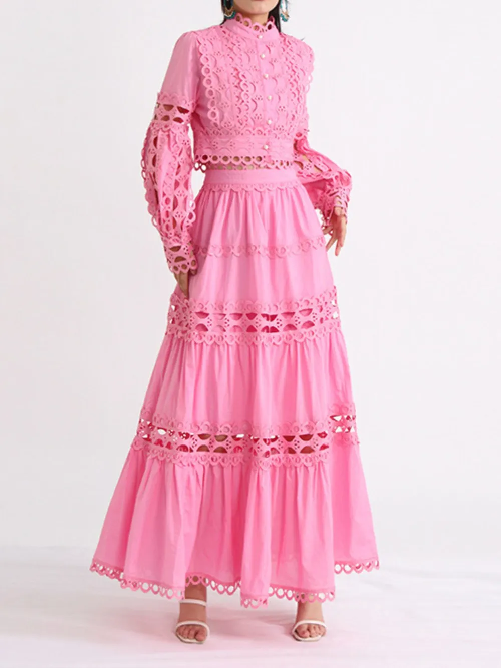 Lace Button Up Long Sleeve Top And Skirt Set