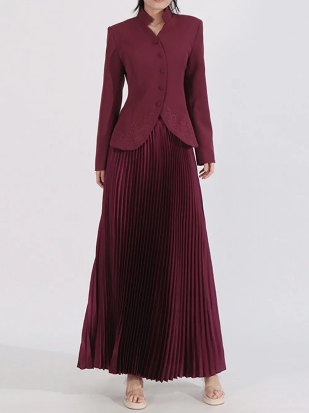 Button Up Long Sleeve Top And Pleated Skirt Set