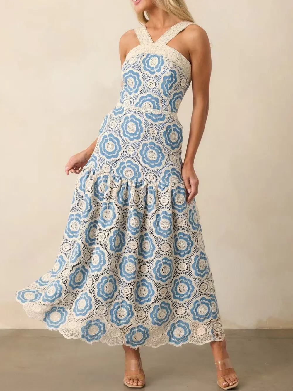 Lace Sleeveless Tiered Midi Dress