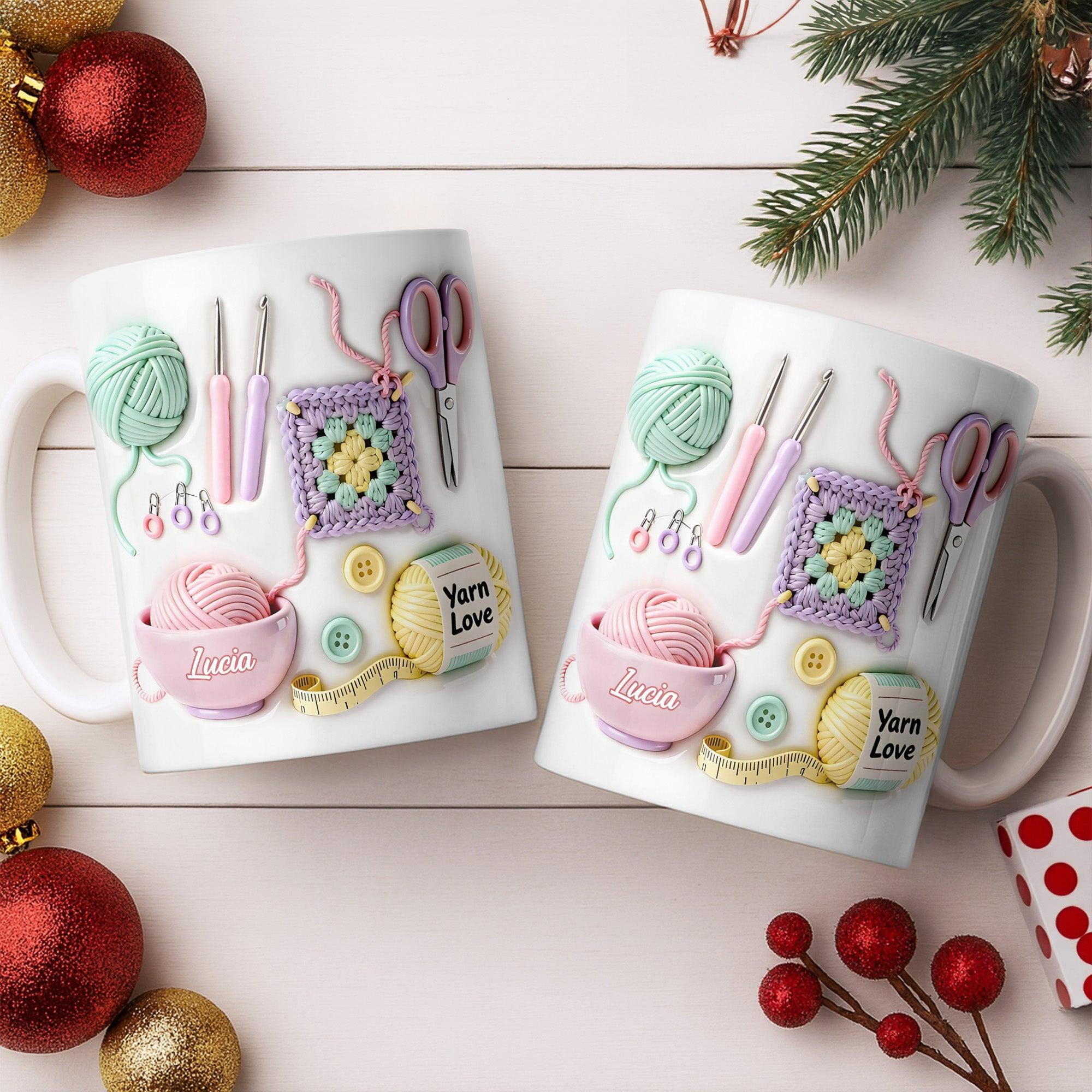 Personalized Yarn Love Crochet Mug, Custom Name Granny Square Coffee Cup, Mother's Day Gift, 3D Inflated Effect Print 2D Ceramic Mug, Unique Gift For Crafter Nana