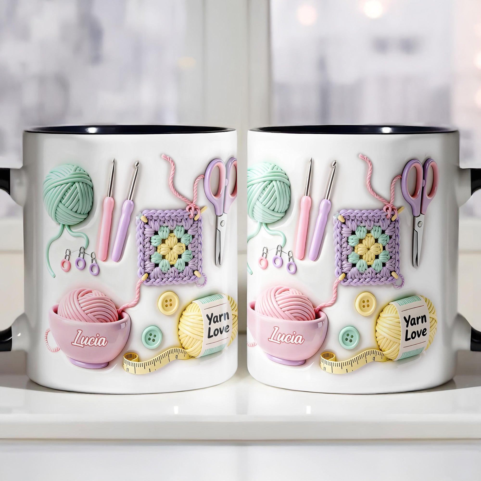 Personalized Crochet Lover Mug, Custom Name Yarn Bowl Style Cup, Mother's Day Gift For Crocheter, 3D Inflated Effect Print 2D Ceramic Mug, Choice Of Color, Granny Square Art, Gift For Grandma Nana Mom