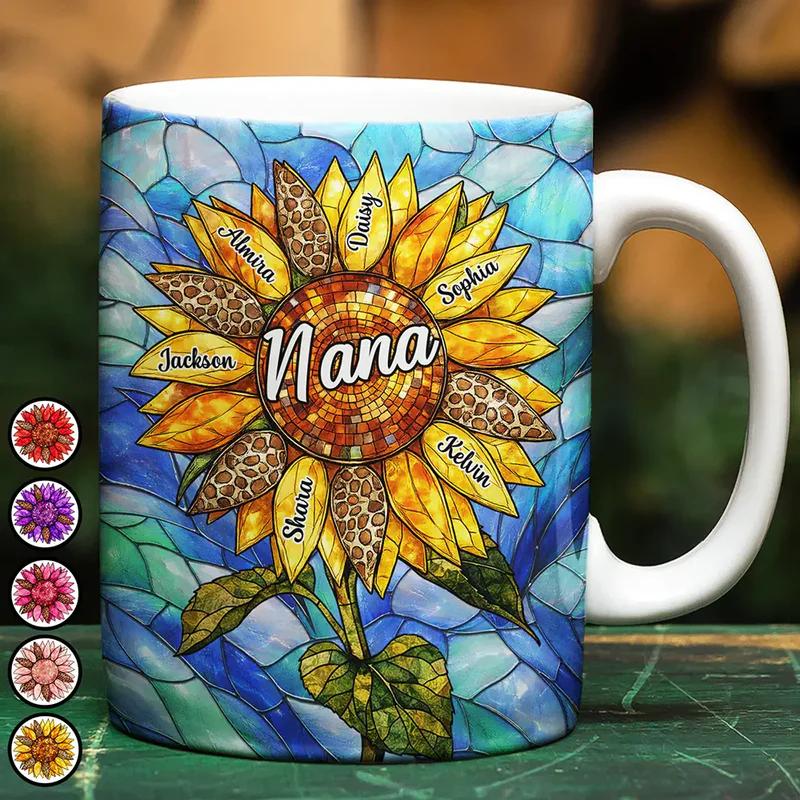Personalized Stained Glass Sunflower Mug, Custom Names Coffee Cup, Mother's Day Gift, 3D Inflated Effect Print 2D Ceramic Mug, Choice Of Color, Gift For Grandma Nana