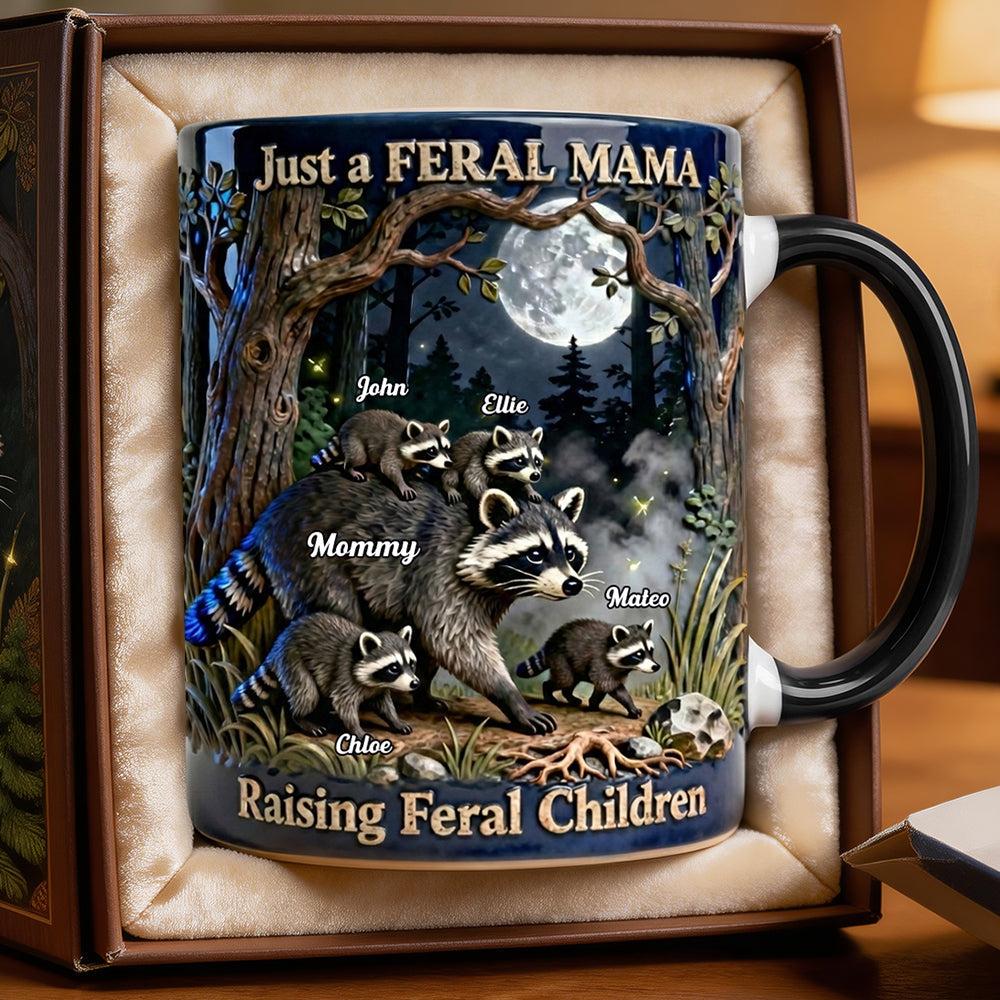 Personalized Feral Mama Mug, Custom Name Raccoon Raising Feral Children, Mother's Day Gift, 3D Inflated Effect Print 2D Ceramic Cup, Funny Mom Gift