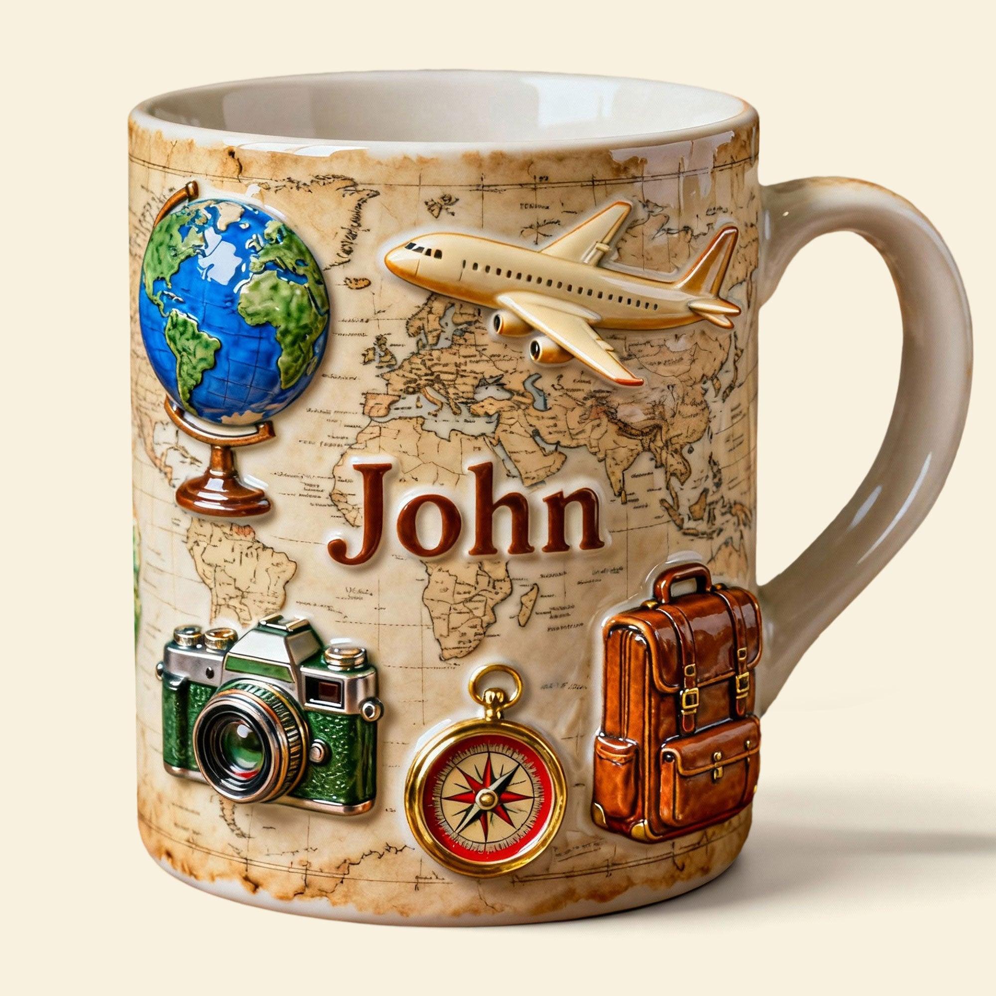 Personalized World Map Adventure Mug, Custom Name Travel Coffee Cup, Vintage Map Aesthetic Mug, Wanderlust Gift for Him, Retro Camera & Globe Travelcore Drinkware, Explorer Themed Office Mug, Personalized Graduation Gift