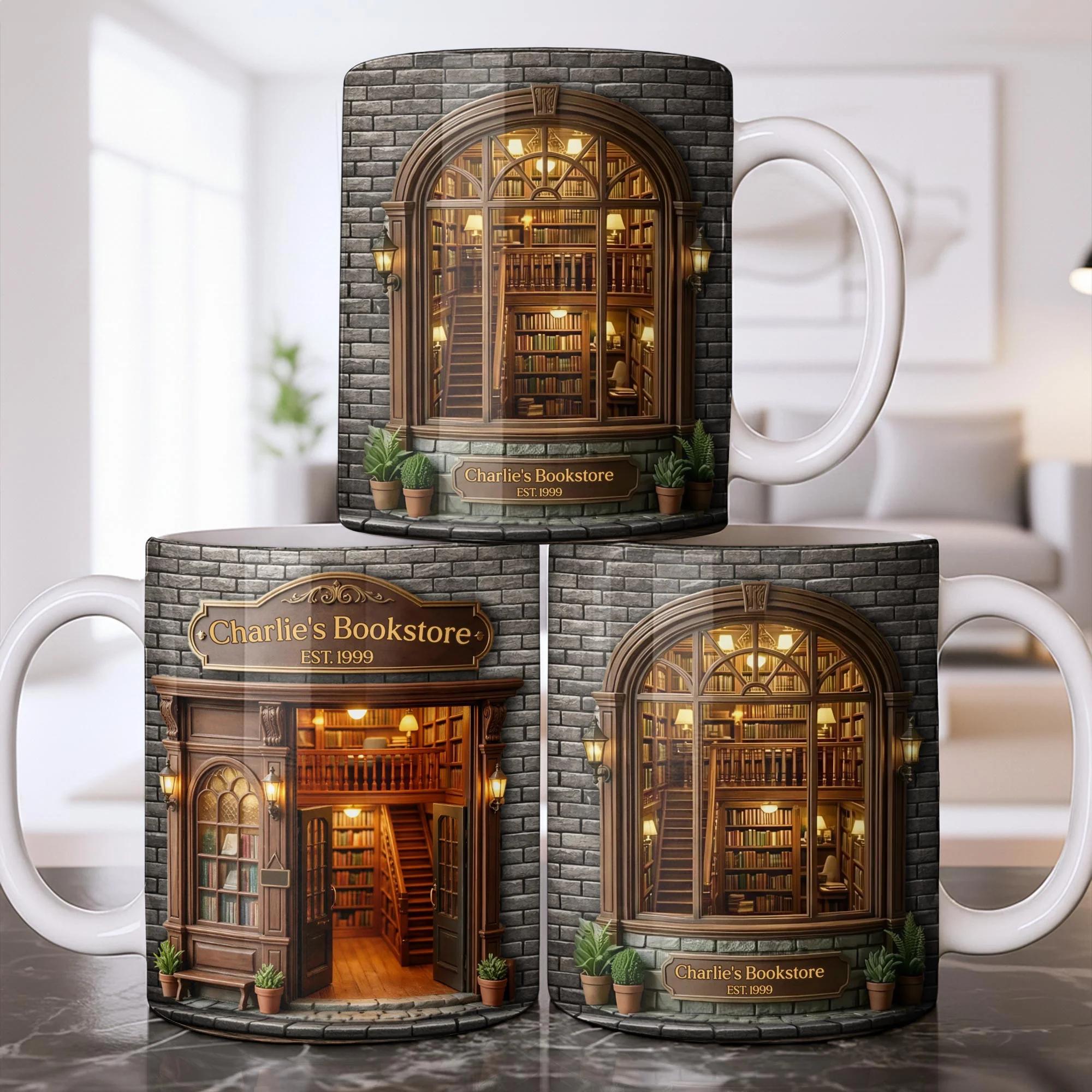 [Flash Deals] BojjiArtist Personalized Miniature Bookstore 3D Effect Coffee Mug – Custom Name Book Lover Gift, Dark Academia Library Aesthetic Cup 4