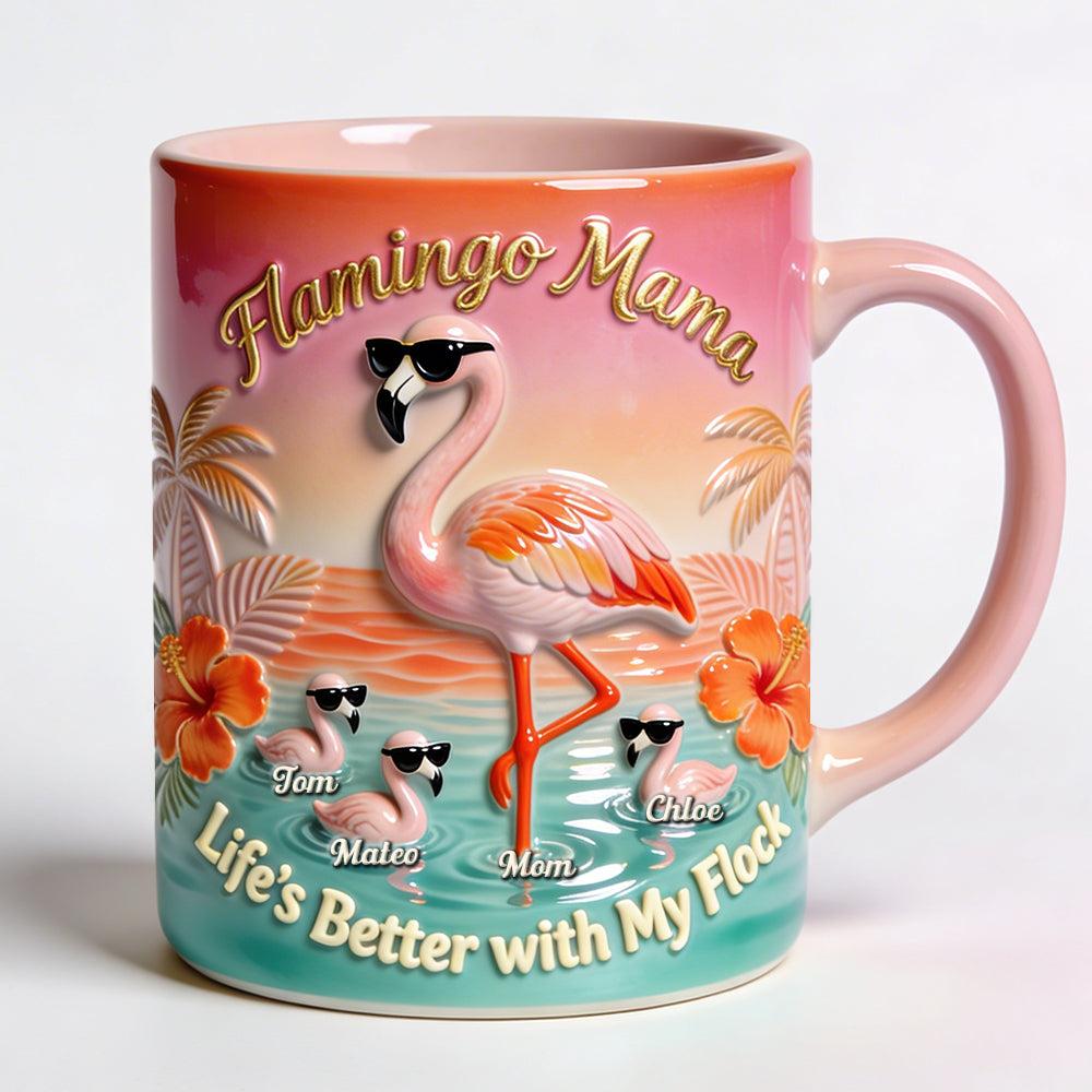 Personalized Flamingo Mama Mug, Custom Name Coffee Cup, Mother's Day Gift, Life Is Better With My Flock, 3D Inflated Effect Print 2D Mug, Unique Tropical Gift 3