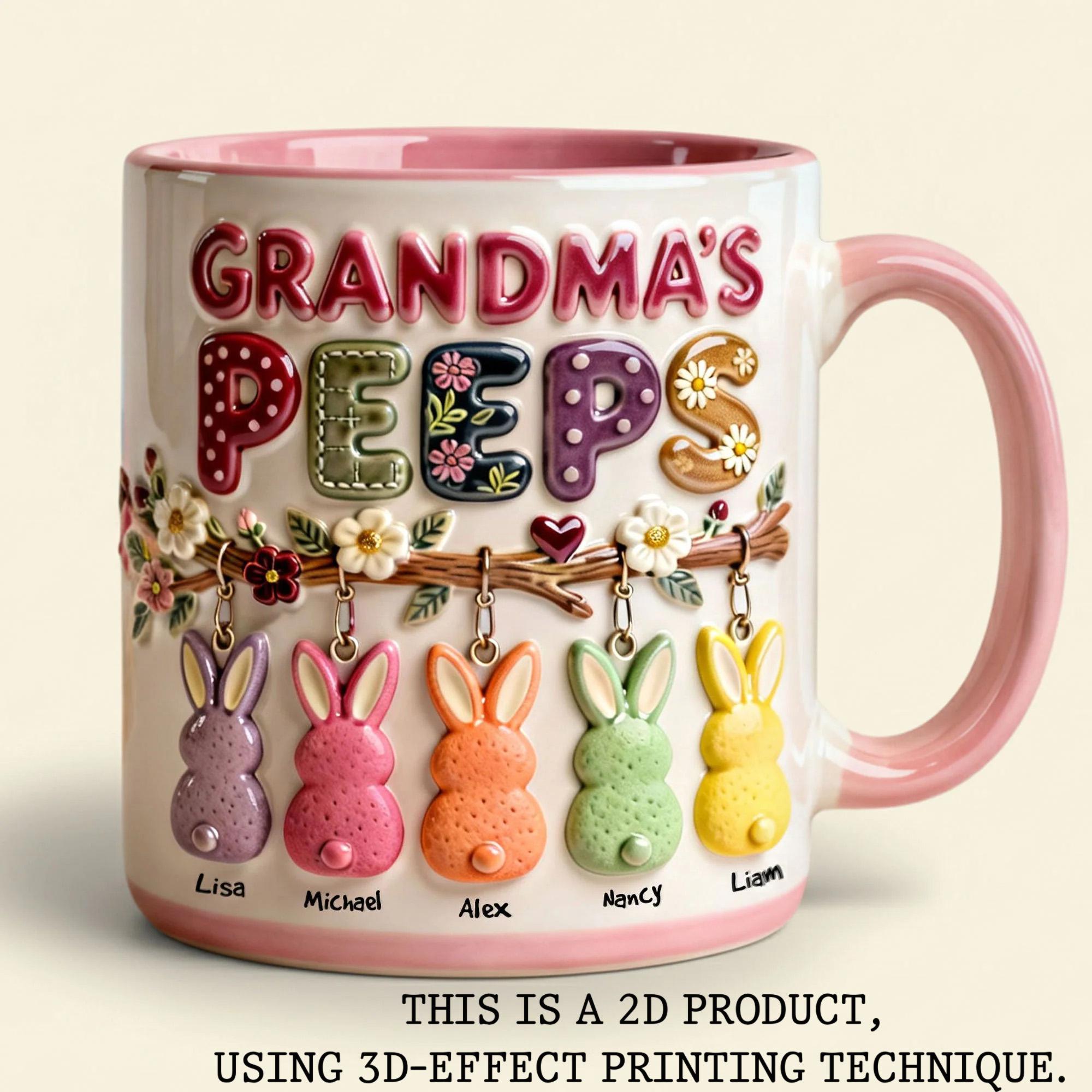 Personalized Grandma's Peeps Ceramic Mug, Custom Grandkids Name Easter Bunny Cup, Floral Aesthetic Coffee Mug, Mother’s Day Gift for Nana, Spring Theme Family Drinkware, Cute Bunny Peeps Mug with Names, Heartwarming Grand 4