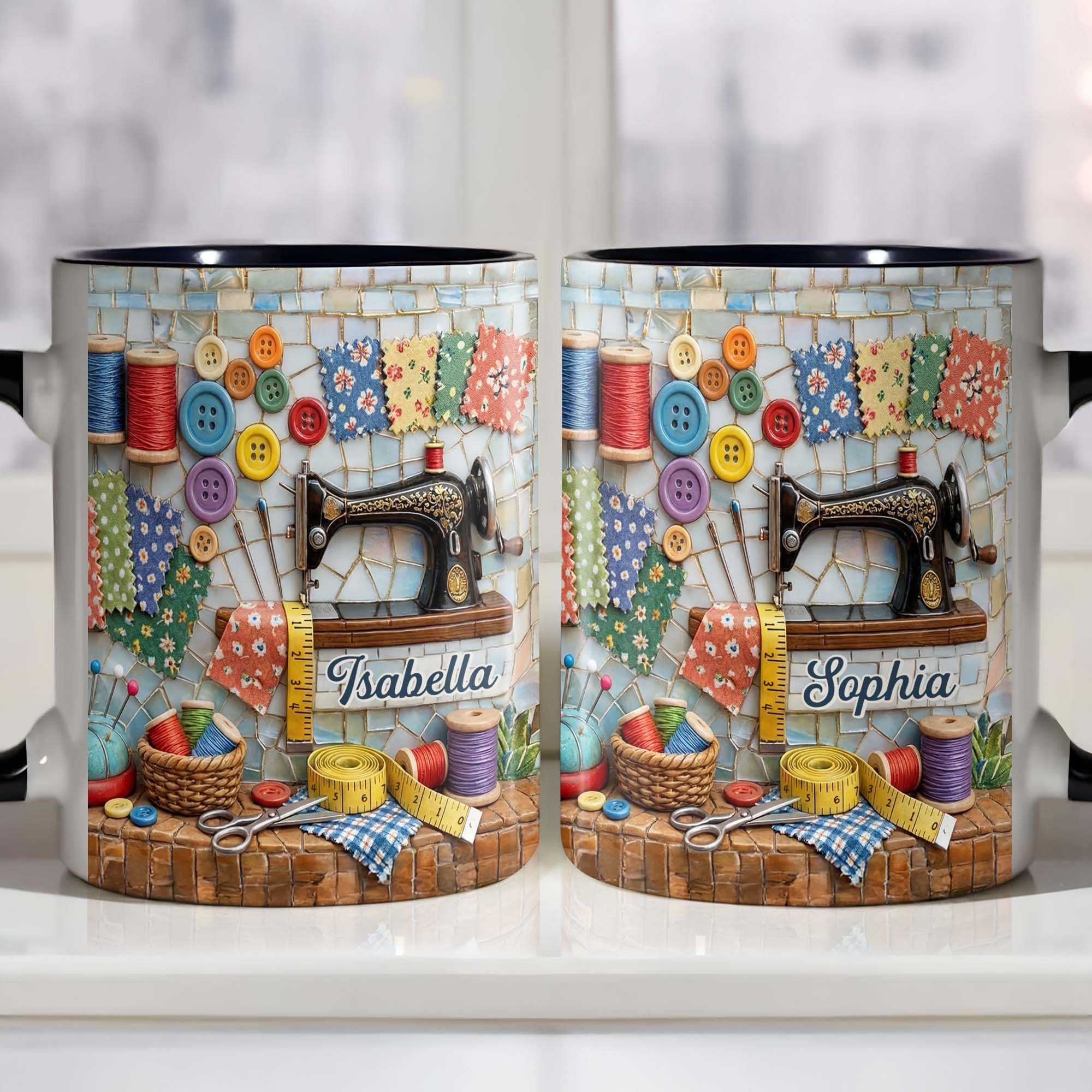 [Flash Deals] BojjiArtist Personalized Vintage Sewing Machine Full Bleed Coffee Mug – Custom Name Seamstress Gift, 3D Effect Quilting Room Illustration, Colorful Crafting Cup for Sewing Lovers 4