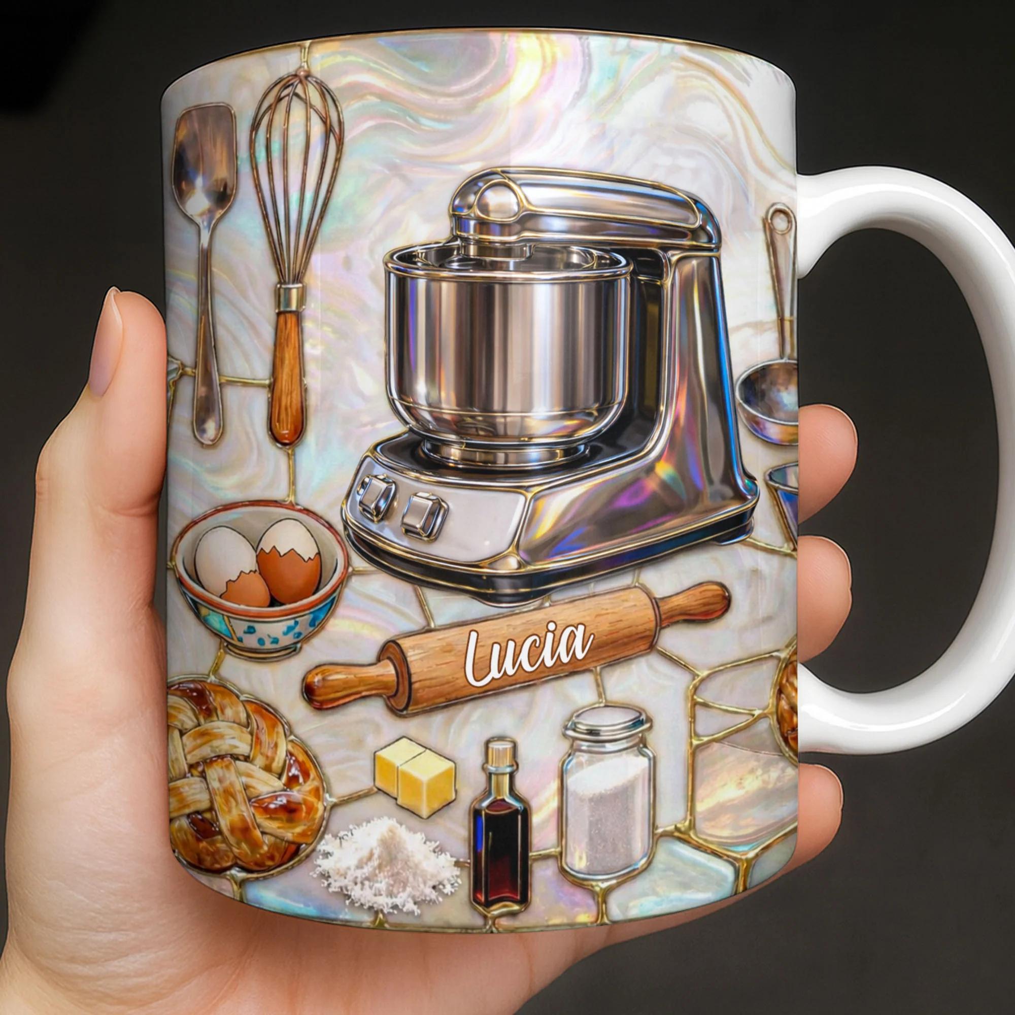 [Flash Deals] BojjiArtist Personalized Baker's Kitchen 3D Abalone Sell Effect Coffee Mug – Custom Name Pastry Chef Gift, Iridescent Mother of Pearl Mosaic Baking Cup, Whimsical Kitchen Aesthetic Decor 3