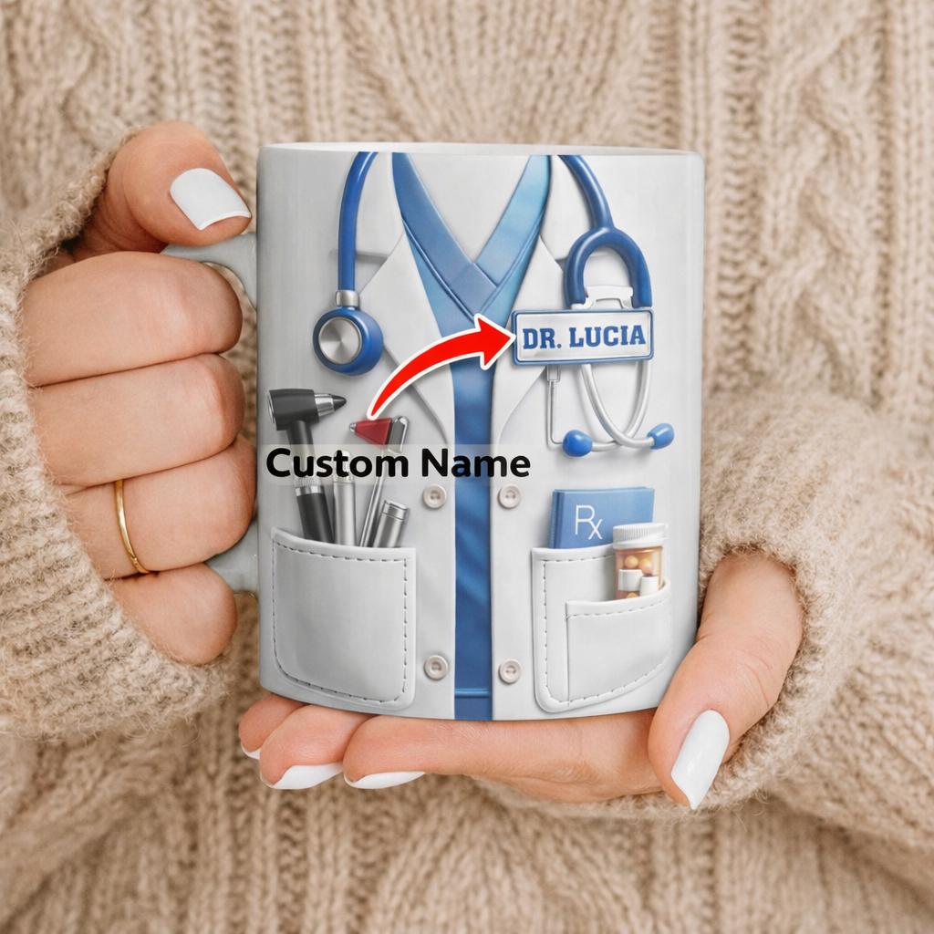 Personalized 3D Effect Medical Professional Coffee Mug, Custom Name Doctor Lab Coat Ceramic Cup, Healthcare Worker Aesthetic Gift, Nurse Practitioner Graduation Present 2
